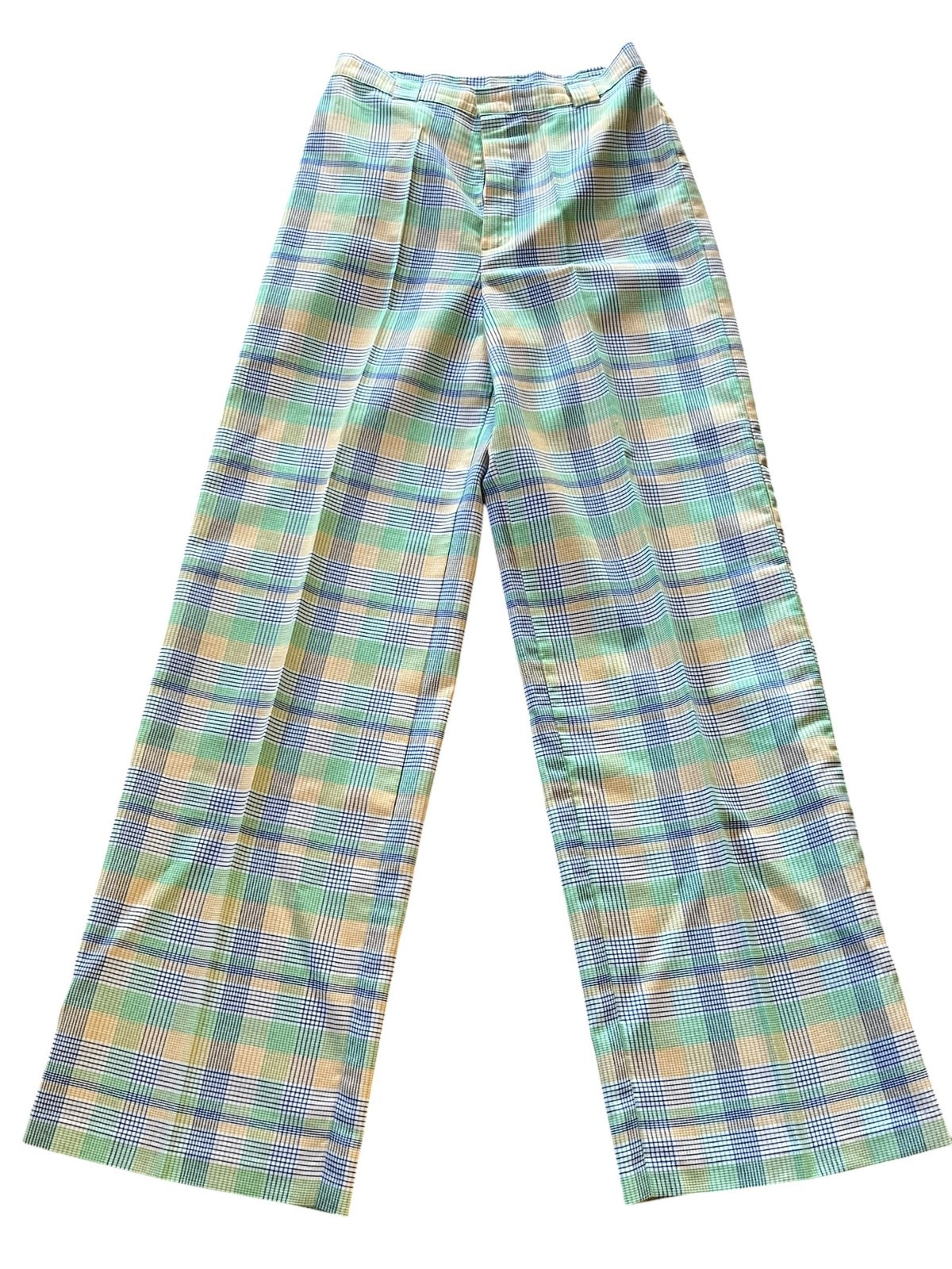 S Vtg 70s High Waist Pants Wide Bottom Leg 26.5 x 30 Green Plaid Cotton Slacks