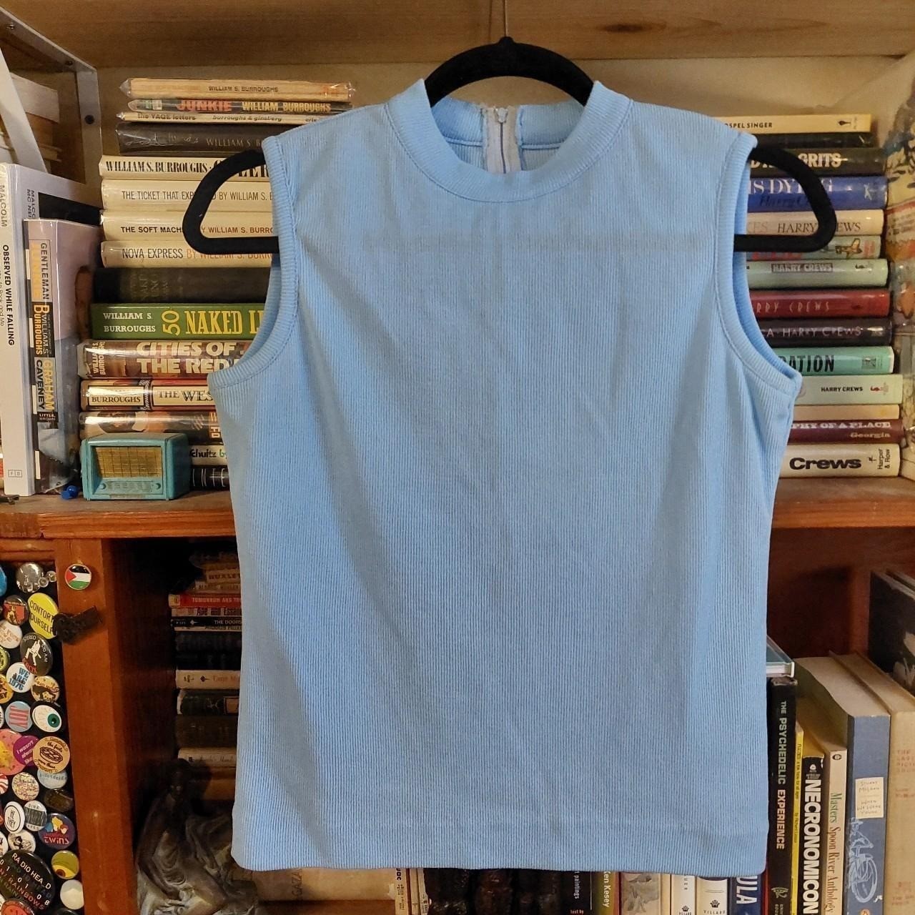 Vintage baby blue high neck zip back top.