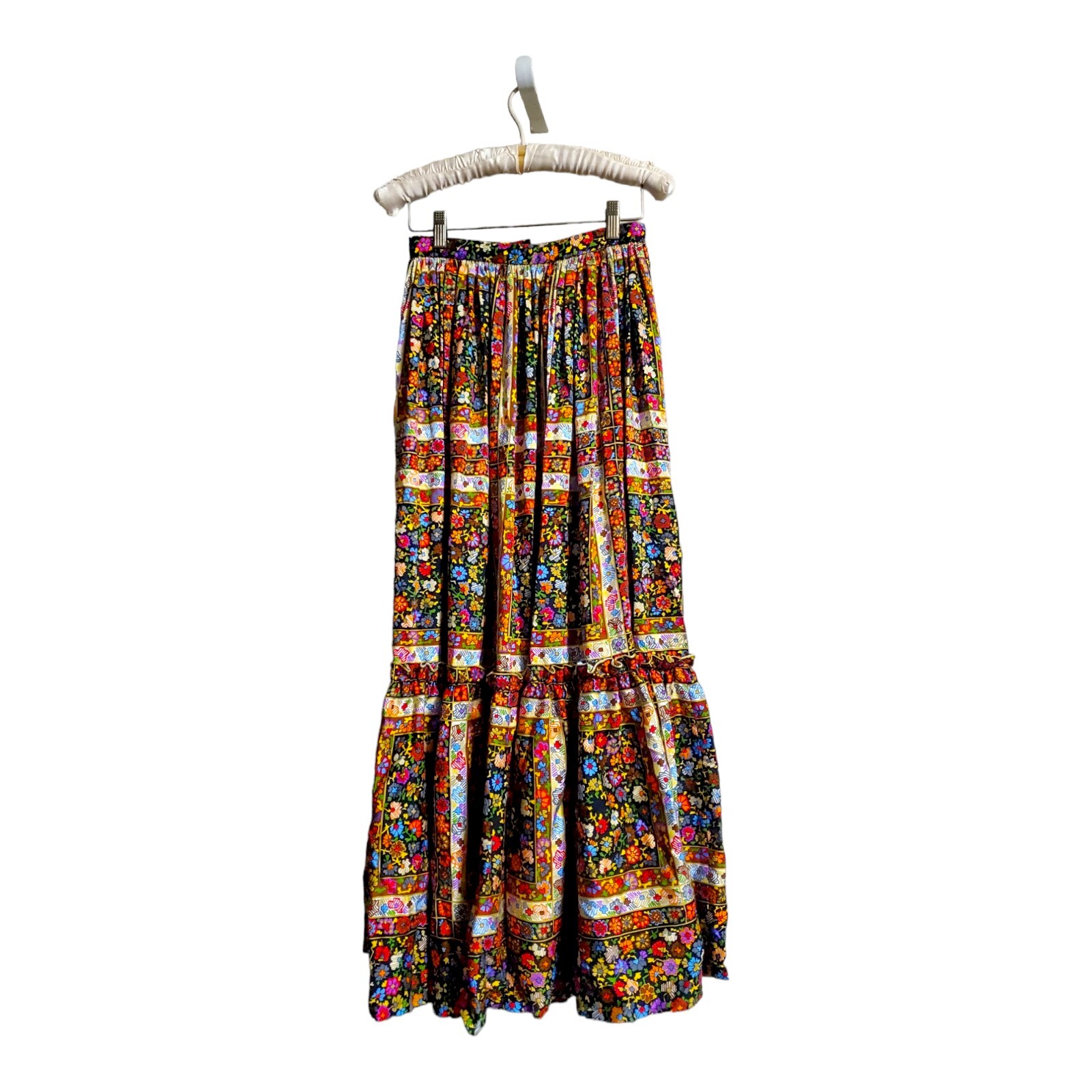 Vtg Floral Sweeping Skirt Vibrant Colors 24″ Waist Tiered Folk Artsy