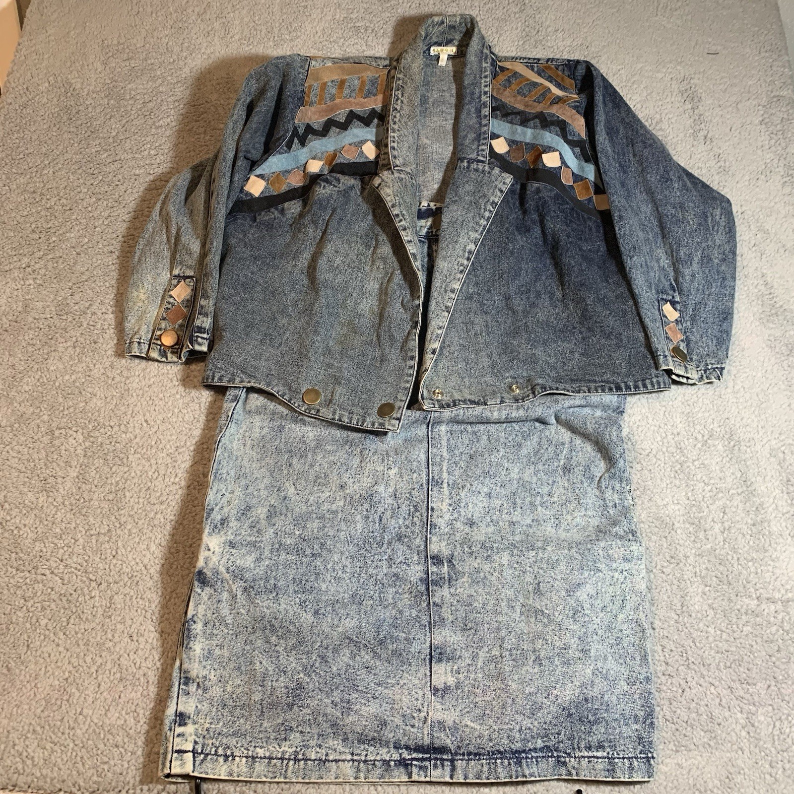 Vintage Camarim Denim Skirt Set 80s Acid Wash Jacket Western Patchwork Size 6