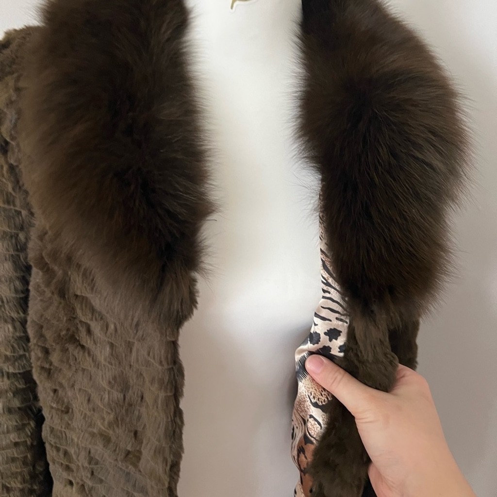 Vintage Brown-Green Real Rabbit & Fox Fur Jacket with Ring Details | Size M