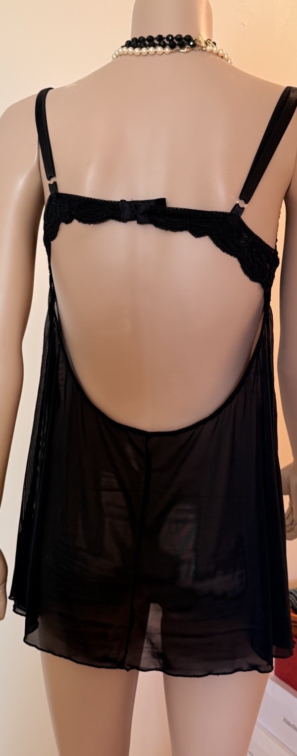 Vintage SHEER Silky Black CHIFFON & LACE Babydoll Chemise 36C Elegant Moments