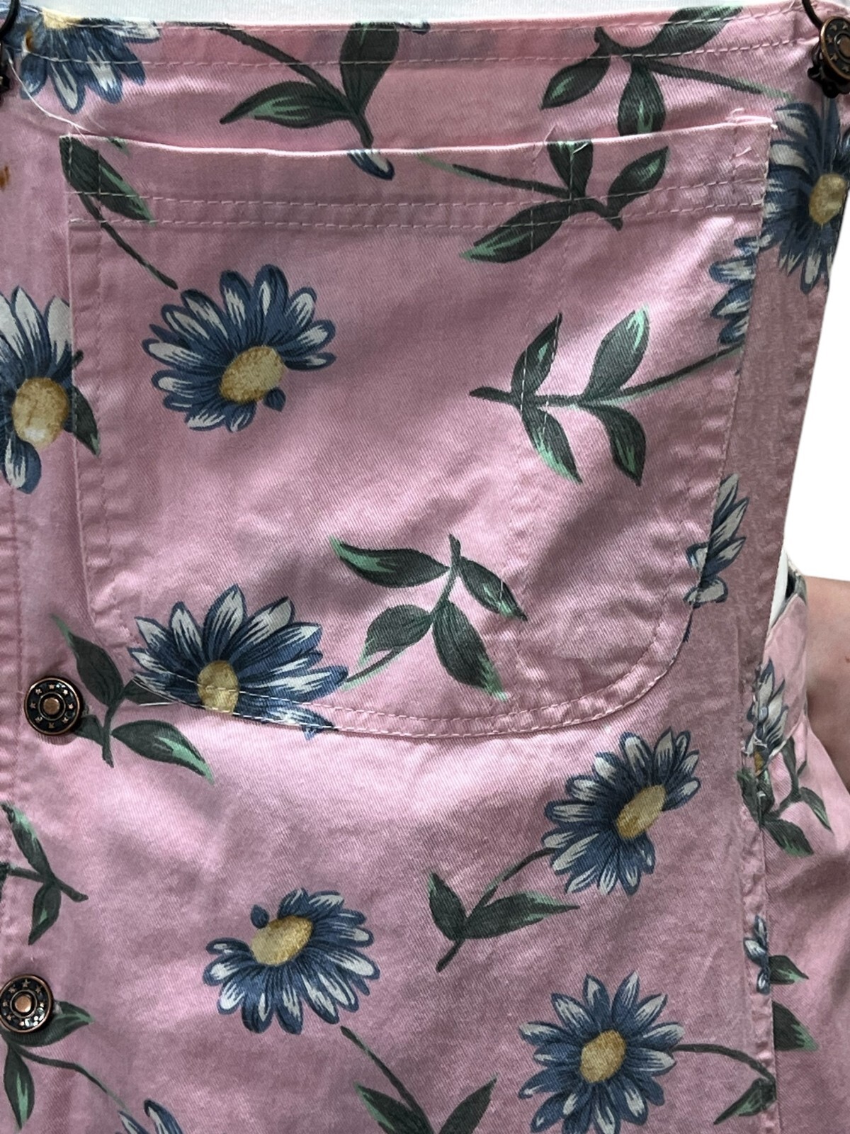 NOS Vtg 80s S/M Bib Pink Denim Skort Suspender Flap Shorts Playsuit Blue Daisies