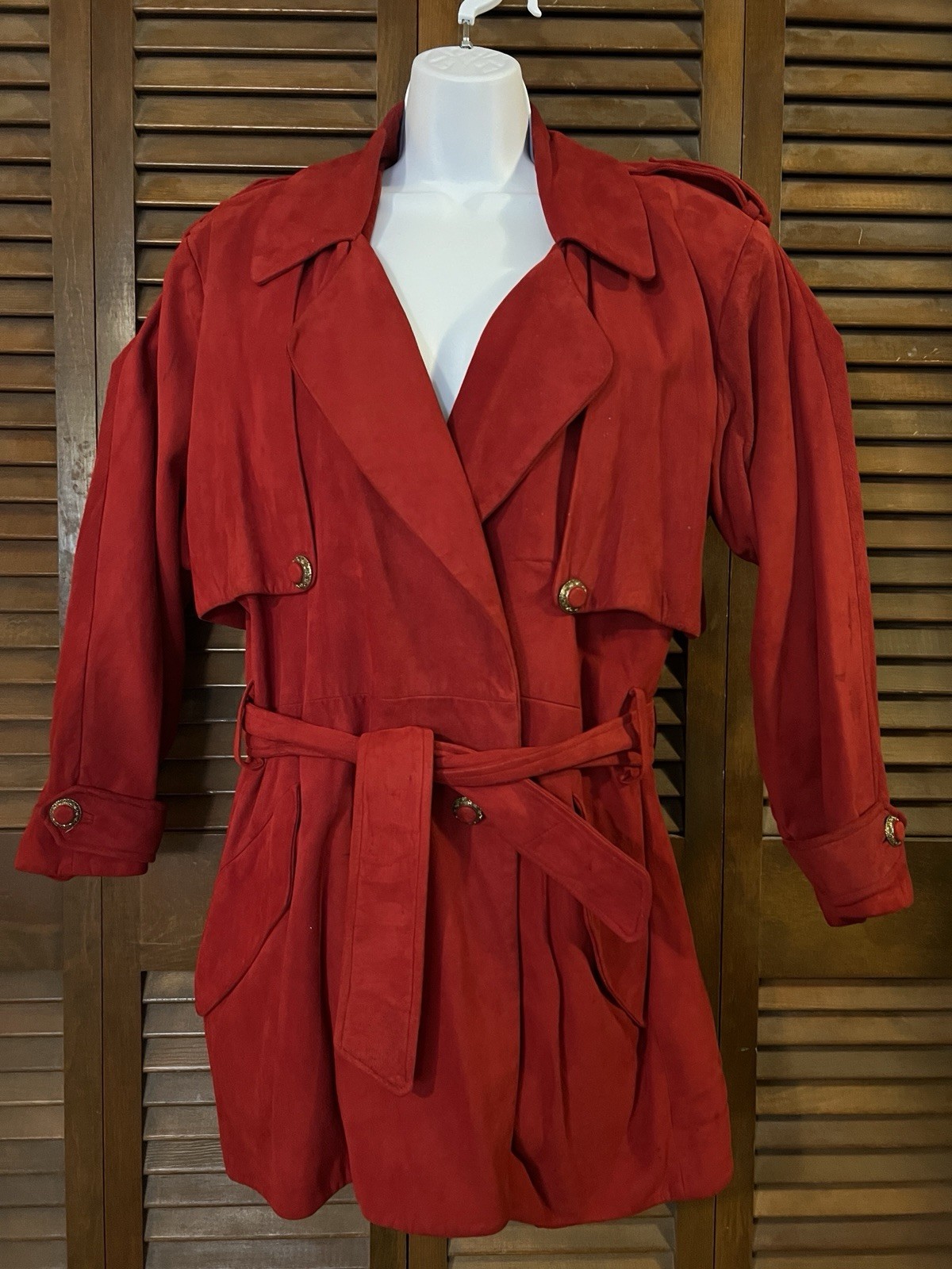 Women’s Vintage Used Red Suede Large Casserly Trench Design Hip Length Jacket