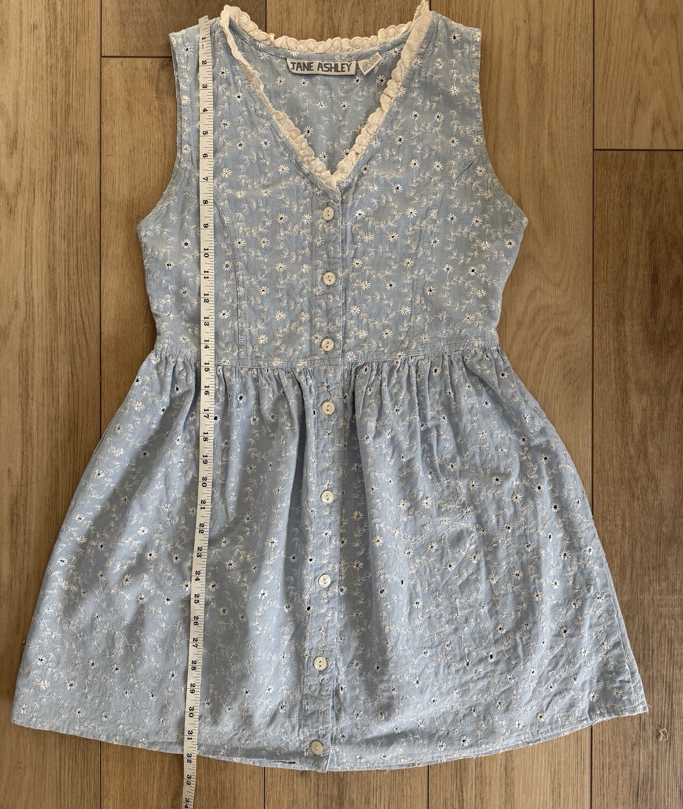 Vintage Jane Ashley Blue Floral Eyelet Cotton Button Front Dress M