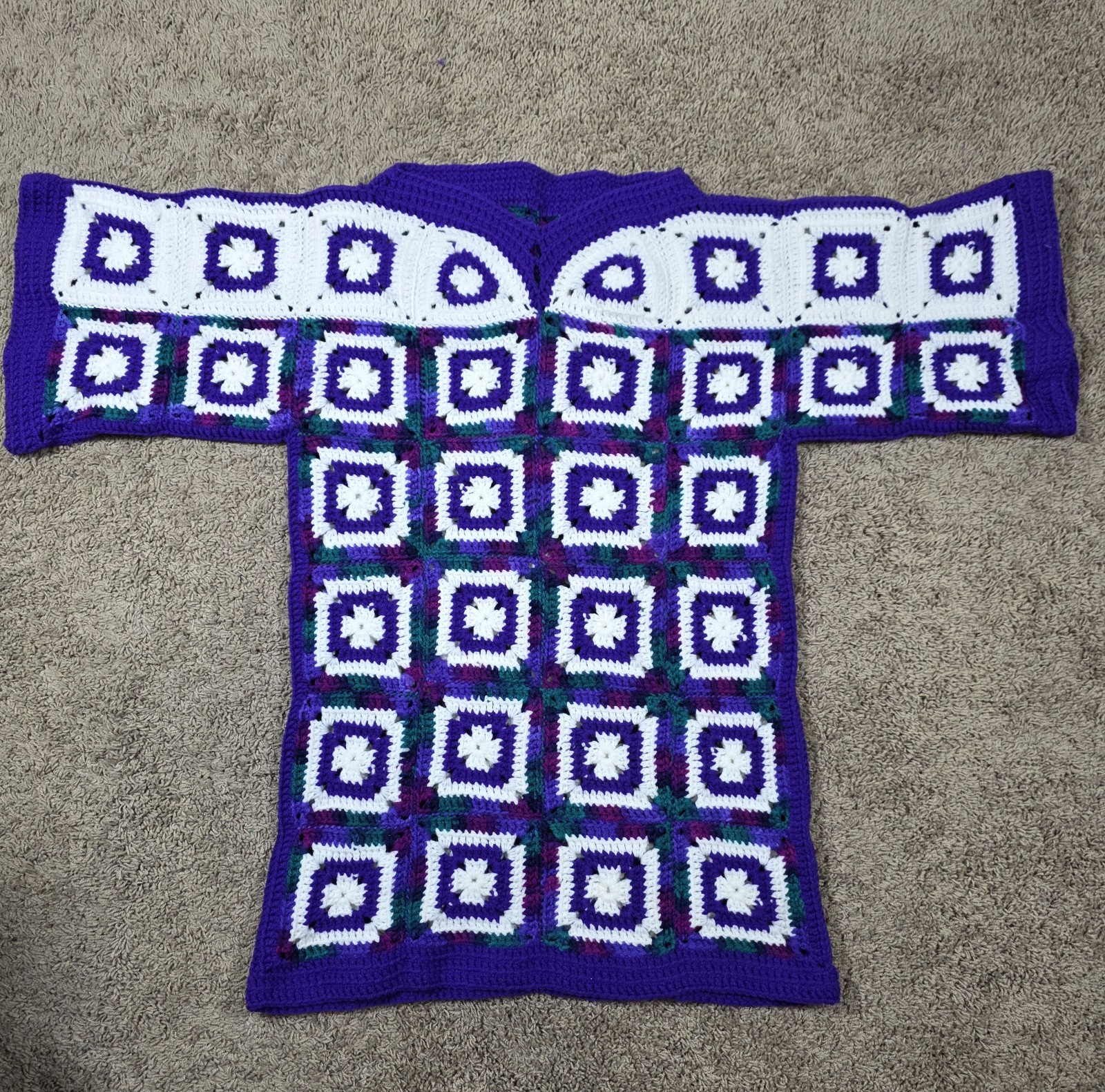 VTG. Handknit Dress Long Tunic Handmade Purple White Green Boho Hippie Size S