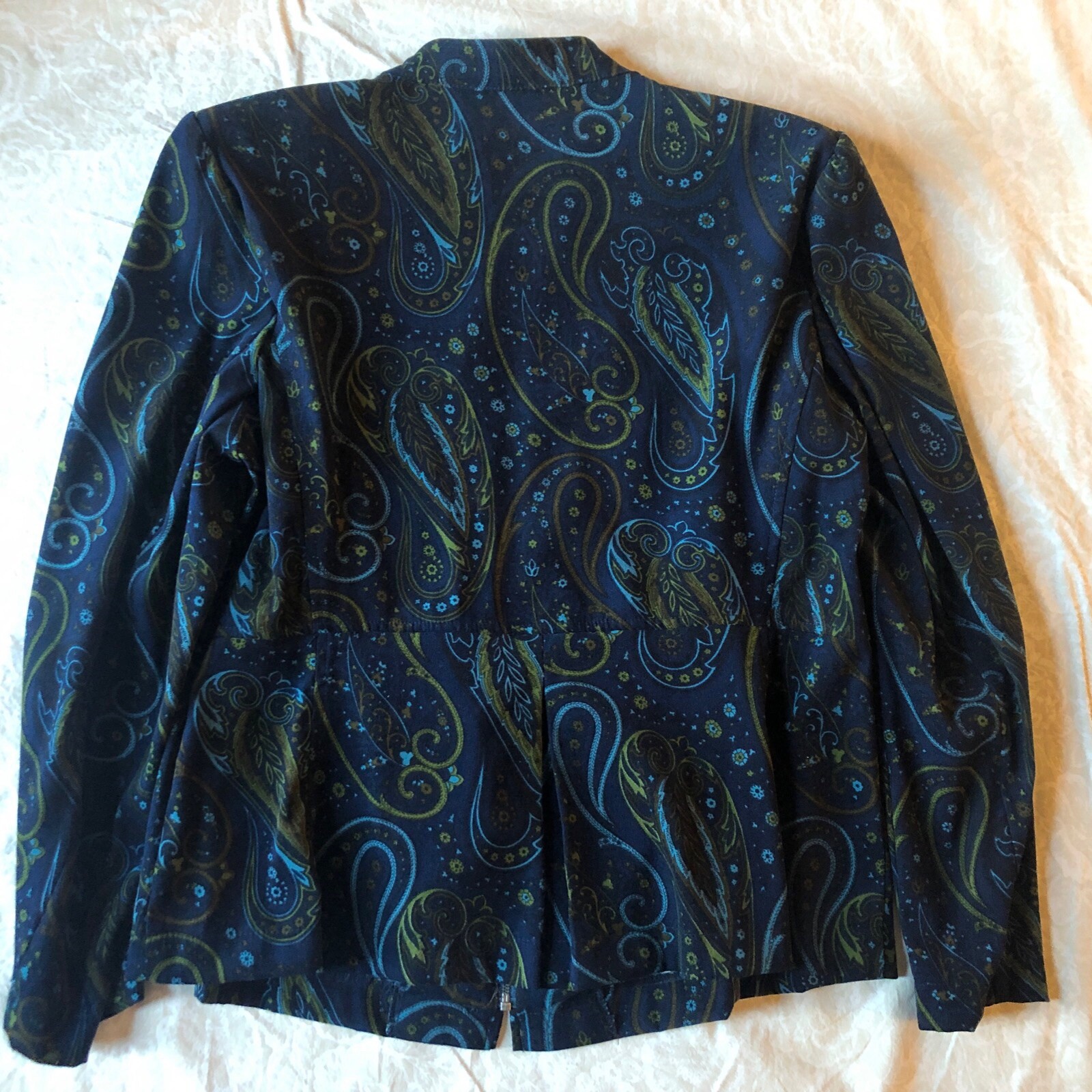 Vtg Notations Women PM Velvety Soft Lightweight Blue Paisley Zip Jacket Stretch