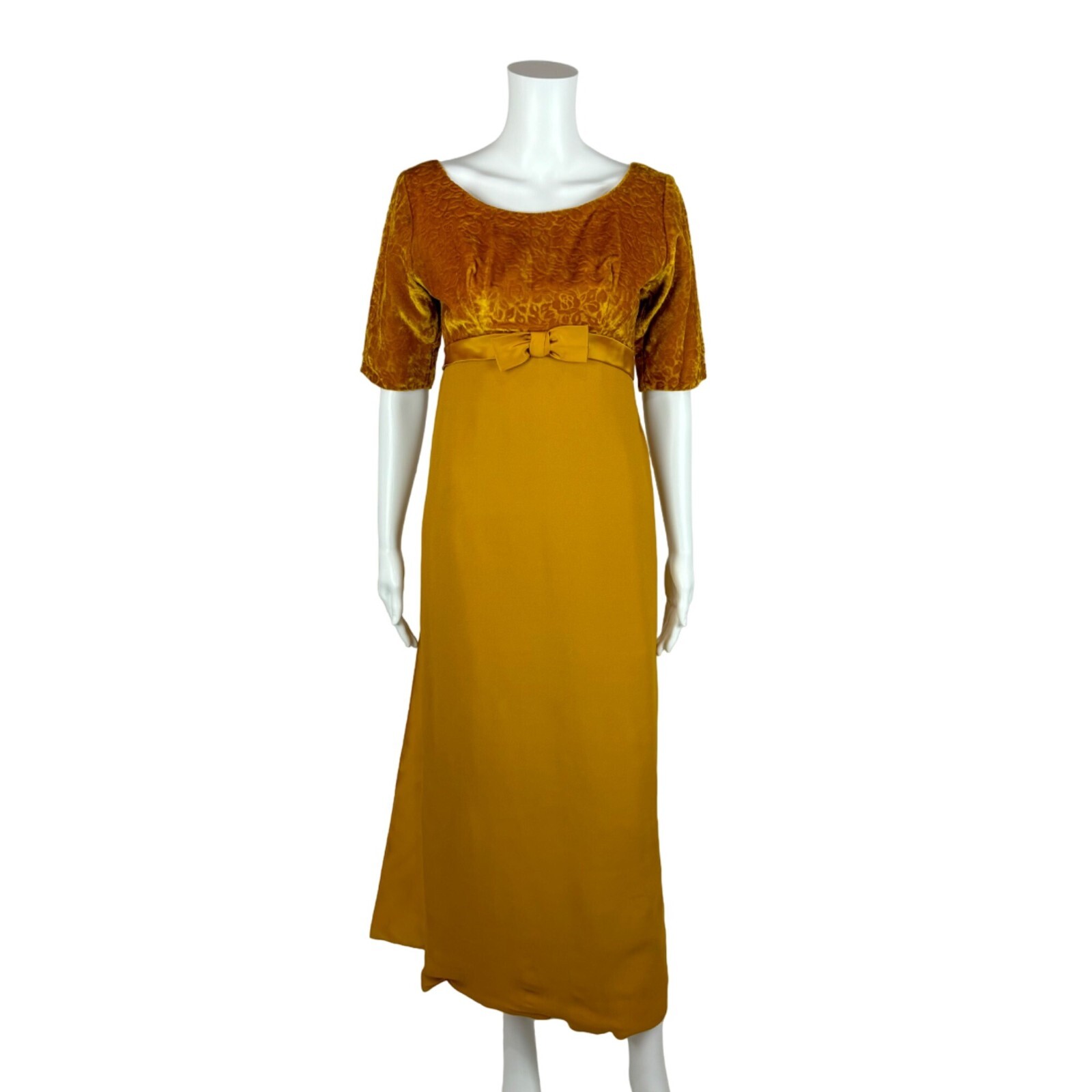 Vintage 60s Formal Dress Women’s Extra Small Mustard Yellow Velvet Maxi