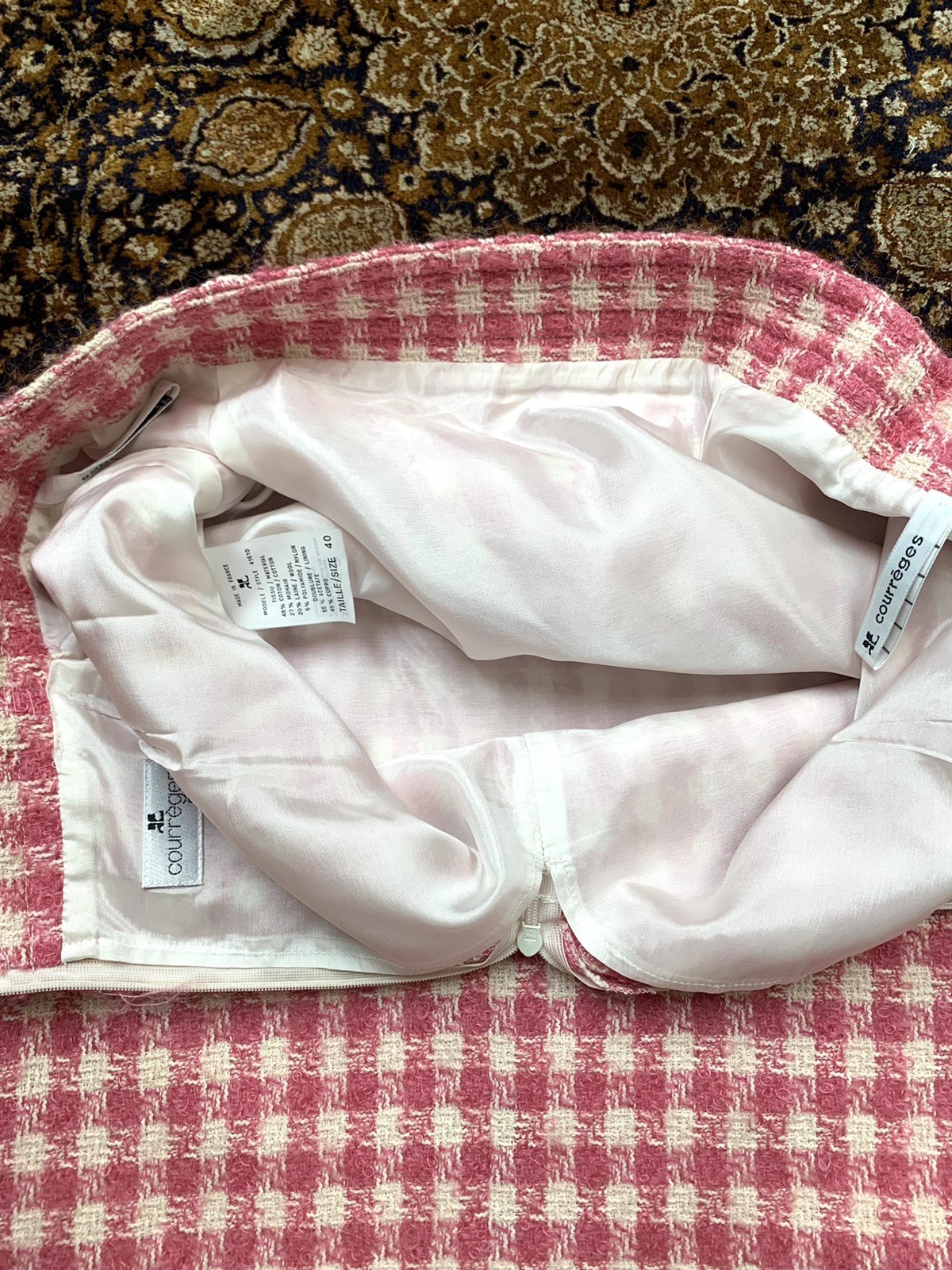 Vtg Courreges Skirt Suit Mohair Boucle Tweed Pink White Checks Womens 40 France