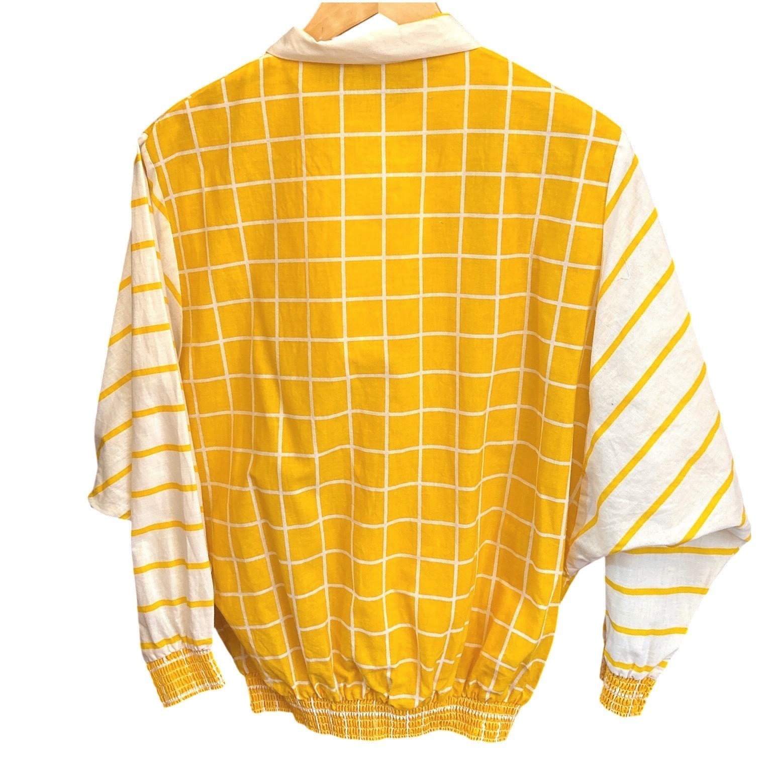 80s Jon Woods New York Blouse Yellow Grid Stripe Retro Preppy