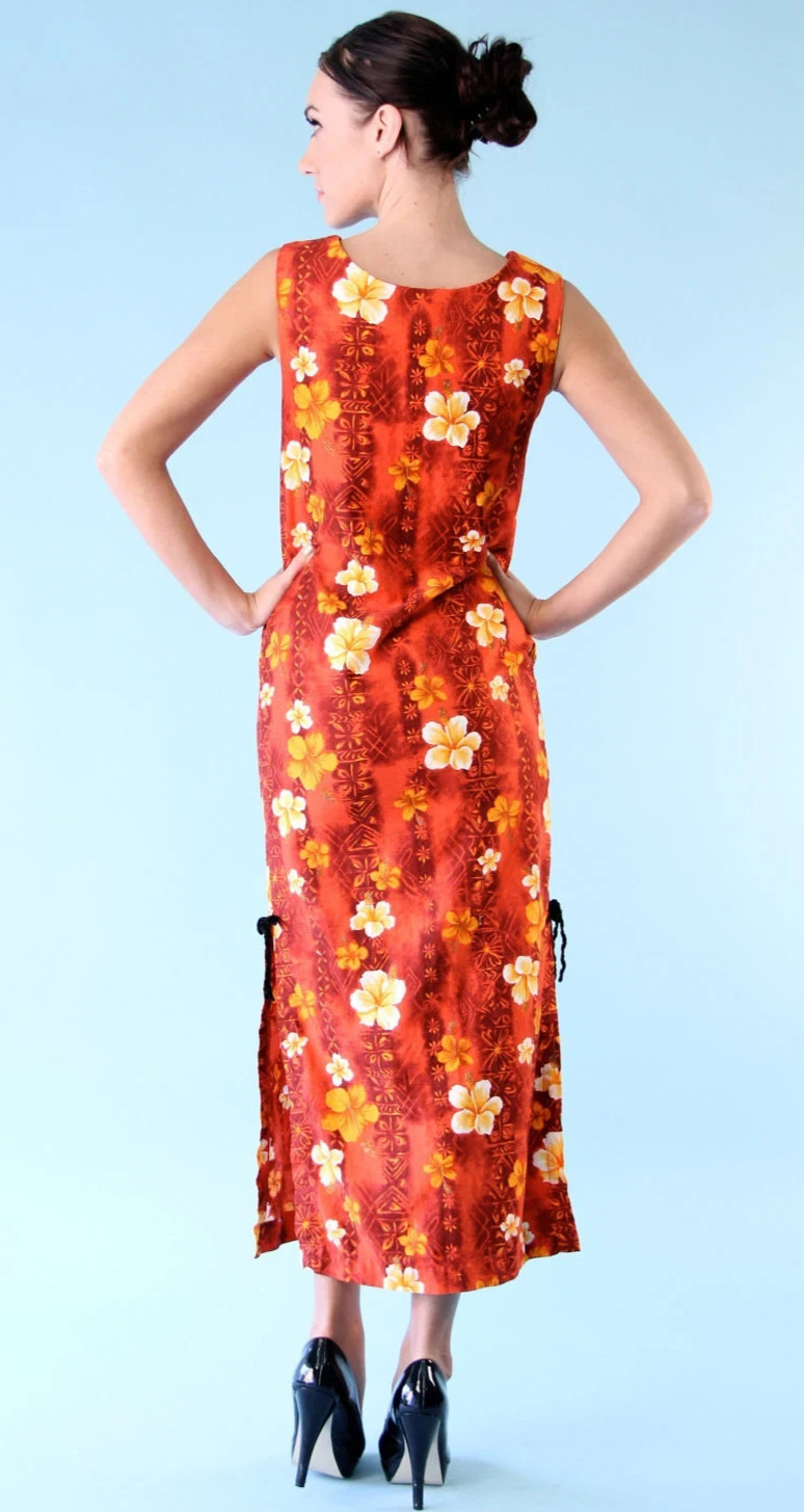 VTG 60s Hawaiian Dress Sleeveless Tank Ankle Length Floral Red Orange Small S