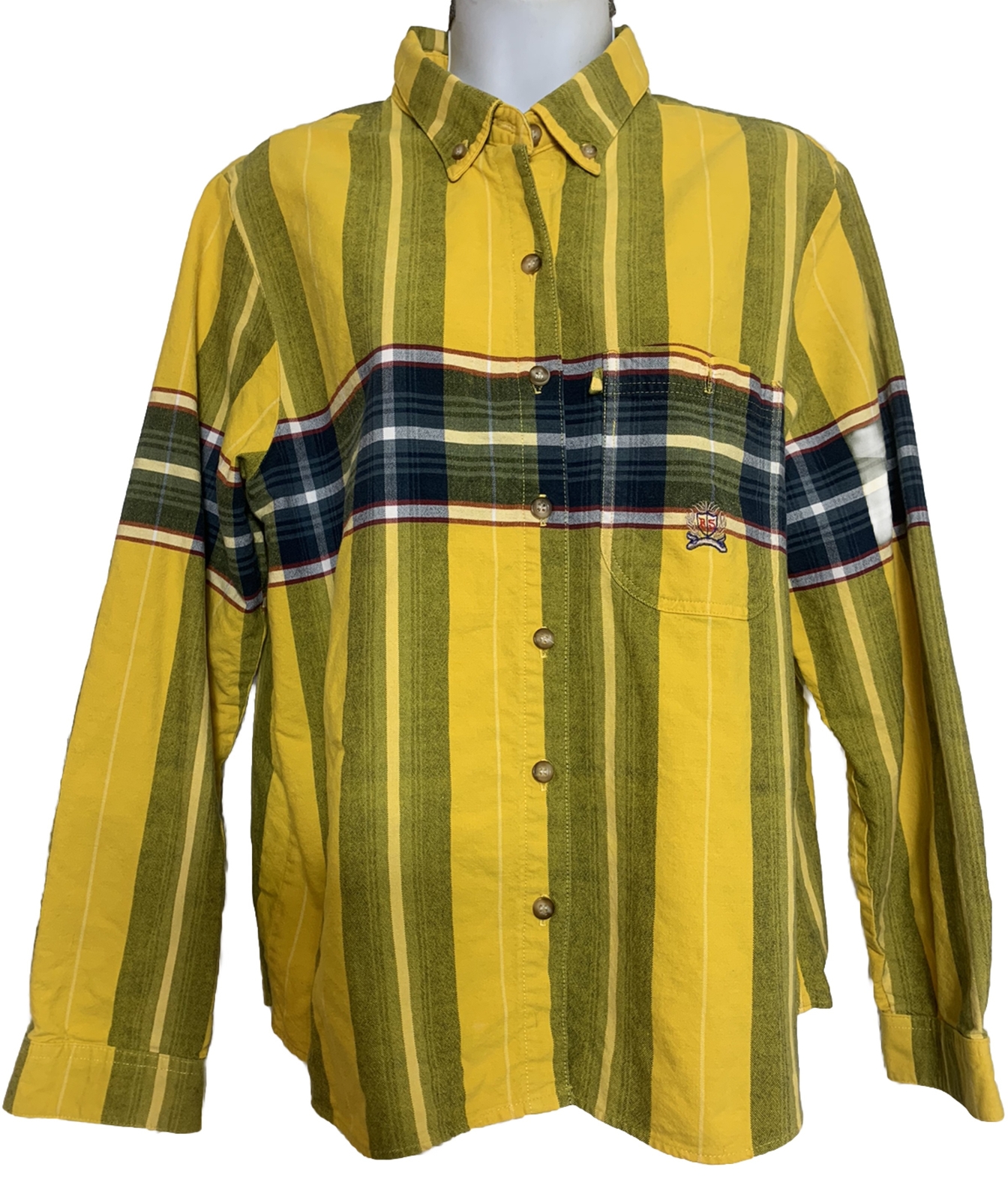 VTG Panhandle Slim Plaid Button-up Top Large Yellow/Navy 100% Cotton Rough Stock