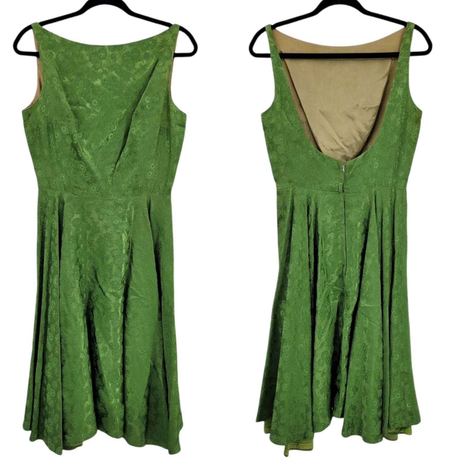 50’s Jay Herbert Dress S Midi Fit & Flare Avocado Boat Neck Scoop Open Back