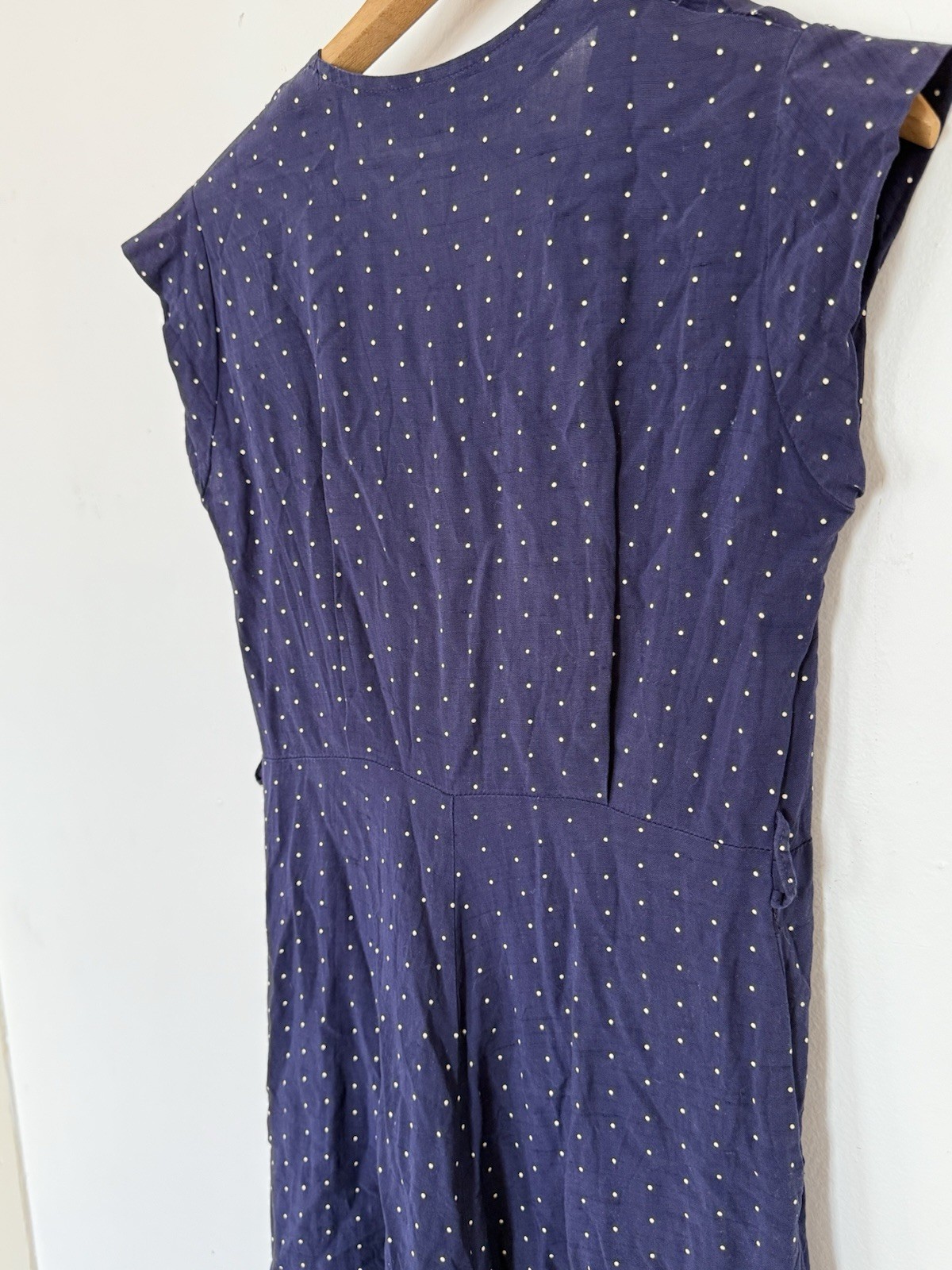 VINTAGE 40s FLOCKED POLKA DOT RAYON JERSEY BUTTON FRONT SLEEVELESS MIDI DRESS SM