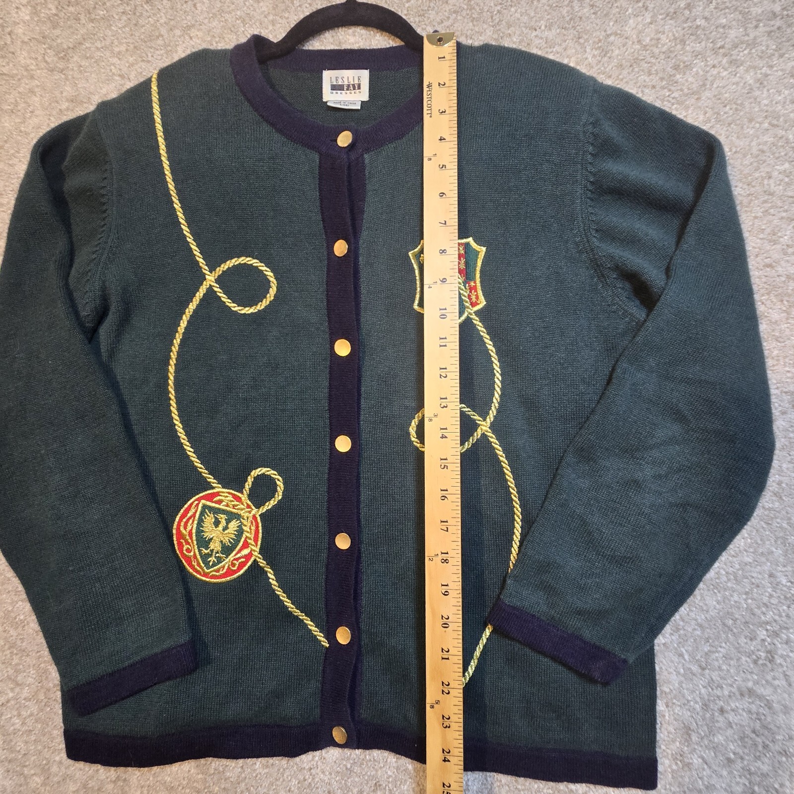 Leslie Fay VTG 2 Pc Sweater & Skirt Set Crests Tartan Plaid Regal USA Made Sz 14
