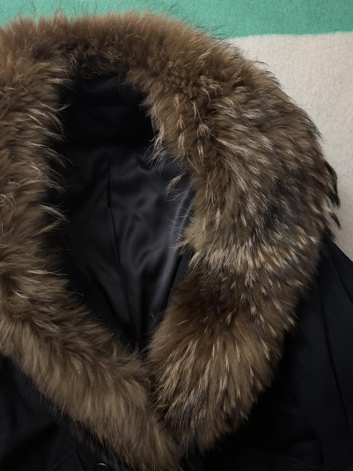 Vintage Gemini Black Full Length Wool Coat Jacket Finncoon Raccoon Fur Collar XL