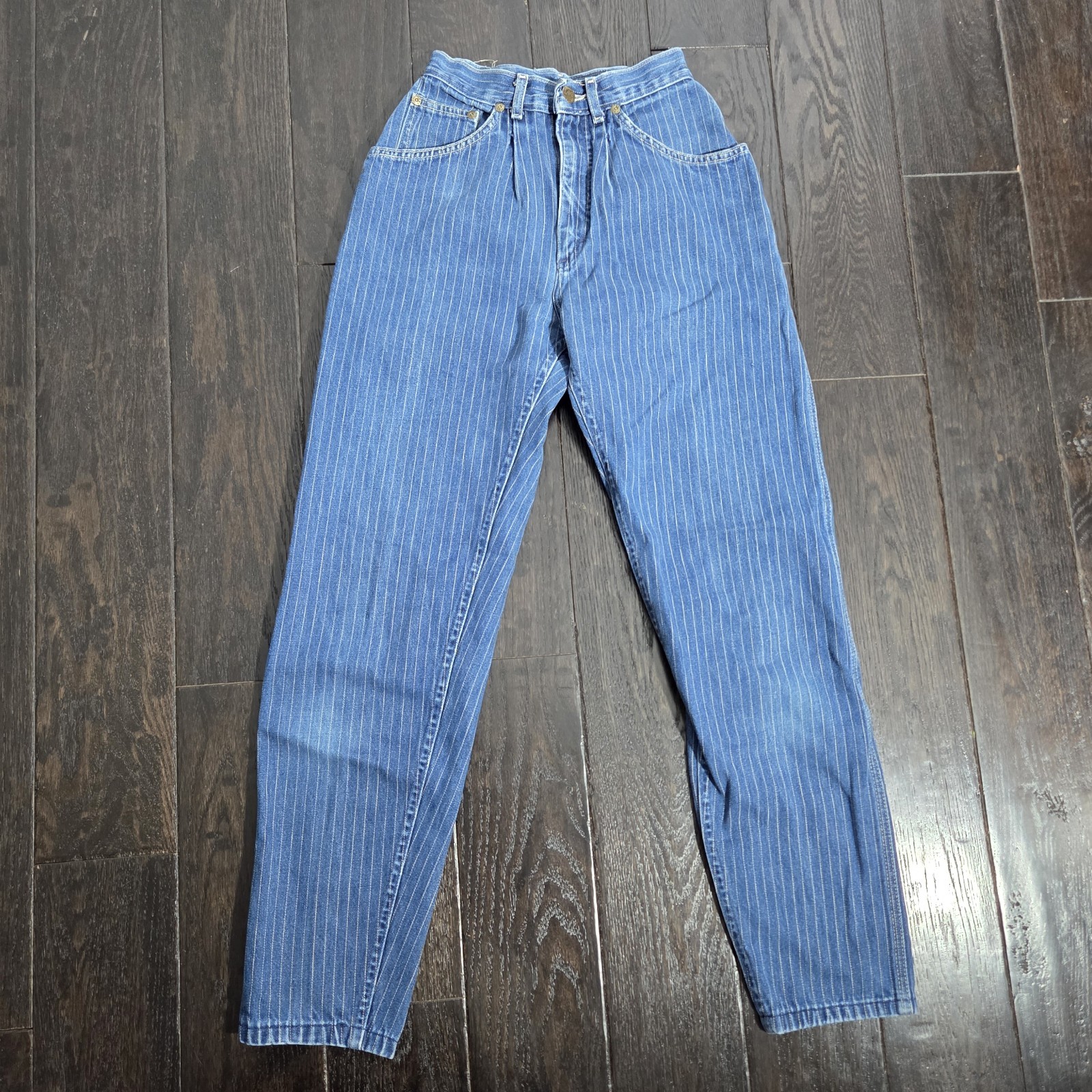 Vtg 80s Lee Size 5 Subtle Striped Pleated High Waist Mom Jeans Denim Union USA