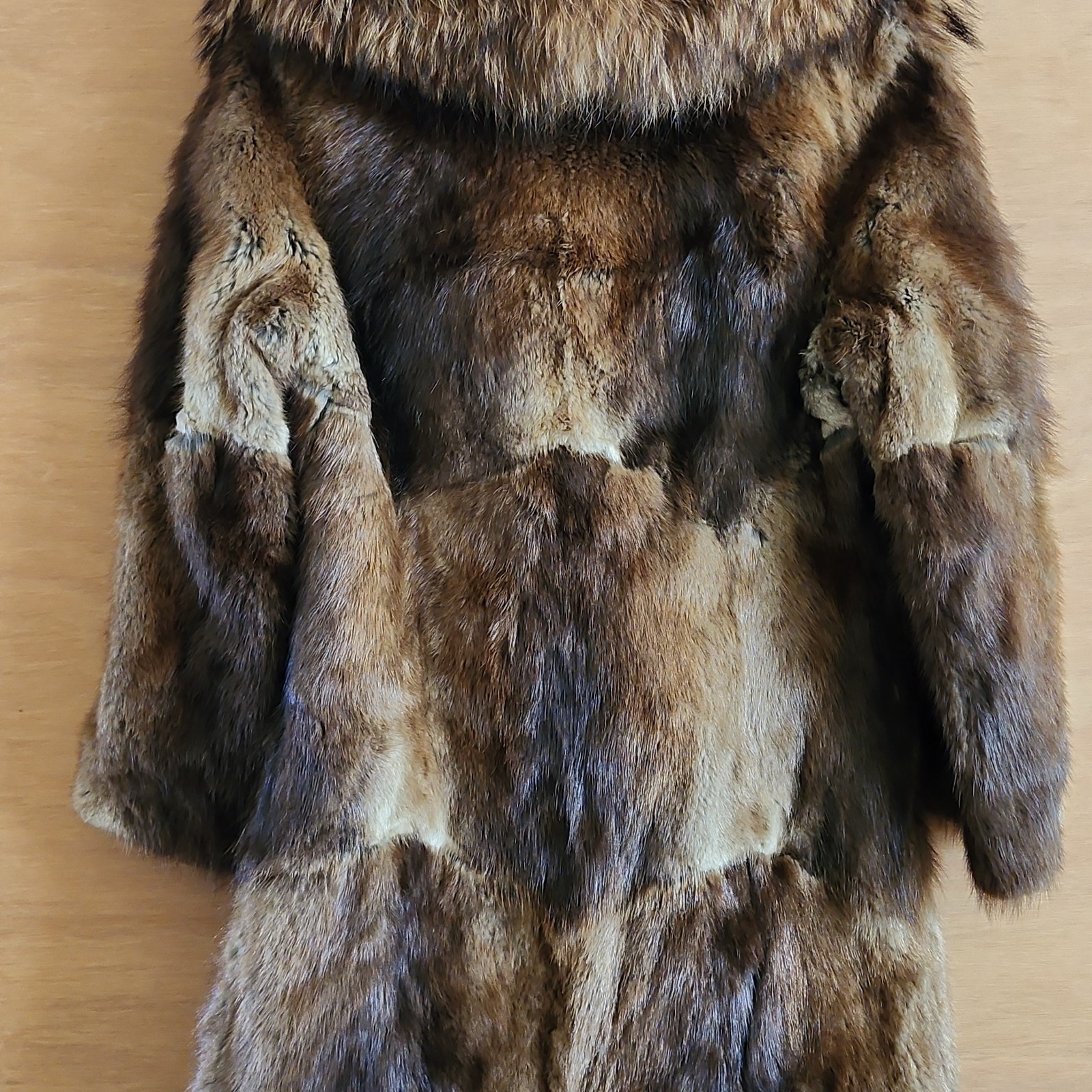 Vintage Rabbit Fur Coat w/ Raccoon Fur Collar & Trim Paisley Lining 41″ -AS IS-