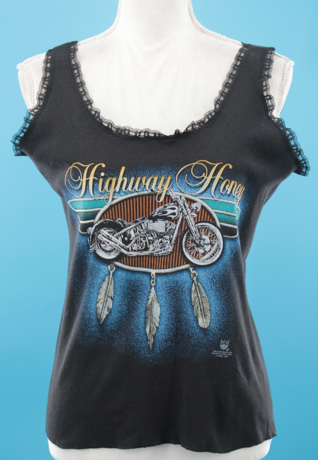 VTG Womens 90s Biker 3D Emblem Lace Trim Tank Top TShirt XL Harley Highway Honey