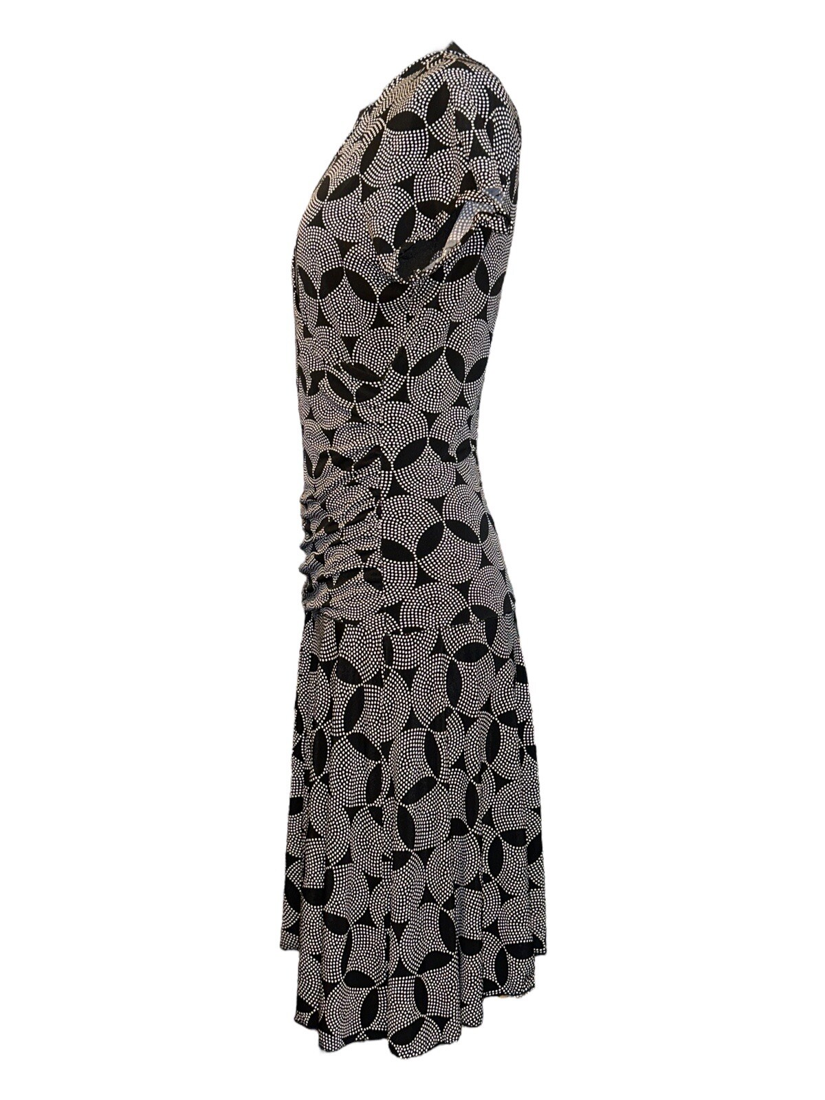 BCX V-Neck Cap Sleeve Ruching Bl/Wh Geo Print Short Faux Wrap Dress Women L VTG