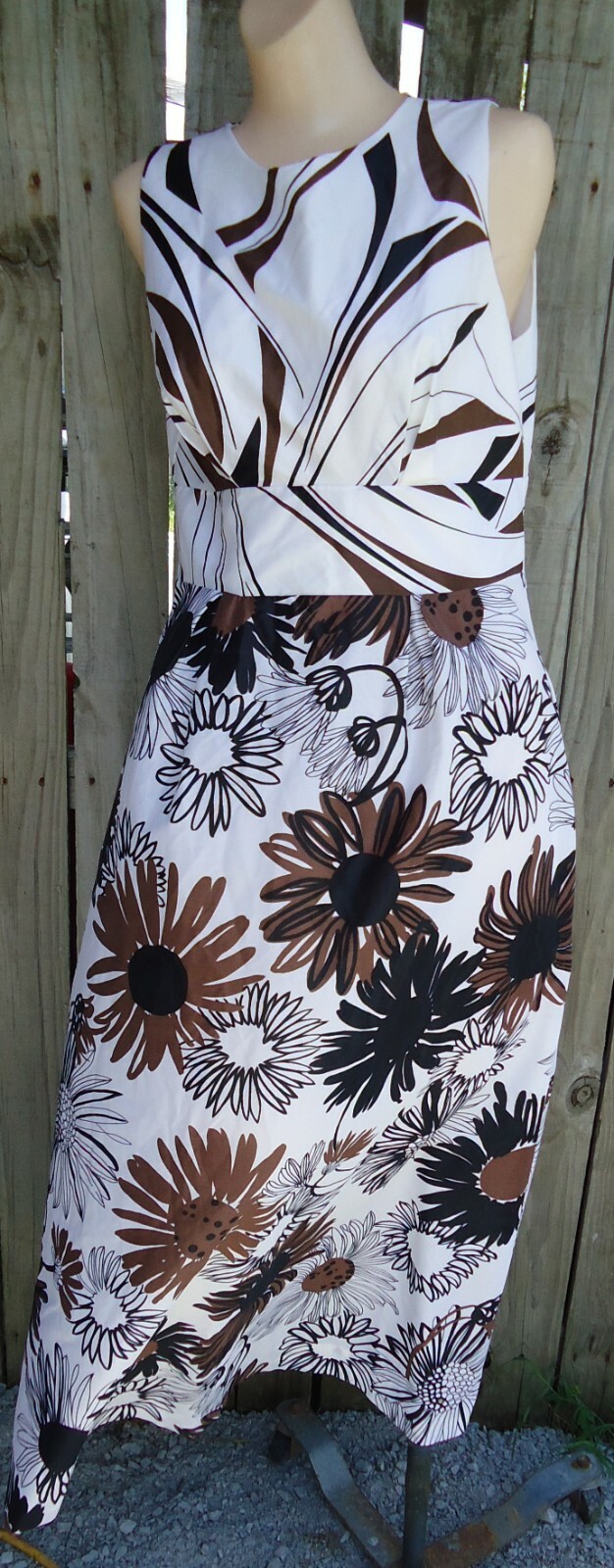 NOS Vtg 70s MidCentury Sleeveless White Brown Black Floral Maxi Dress sz 14
