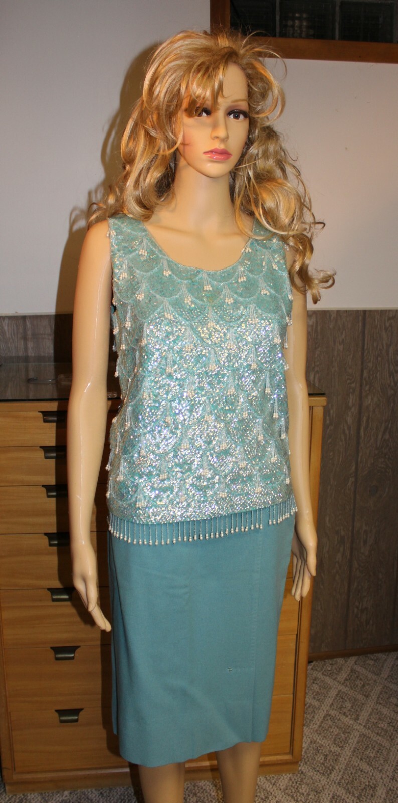 VTG 60s BLUE GREEN WOOL PENCIL WIGGLE SKIRT SPORTEMPOS CUSTOM-CONTOURED 25-26W