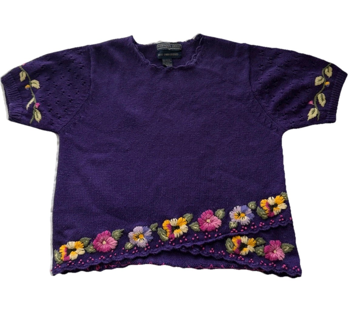 Vintage 90s Hand Embroidered Medium Purple Floral Top Boho Artisan CottageCore