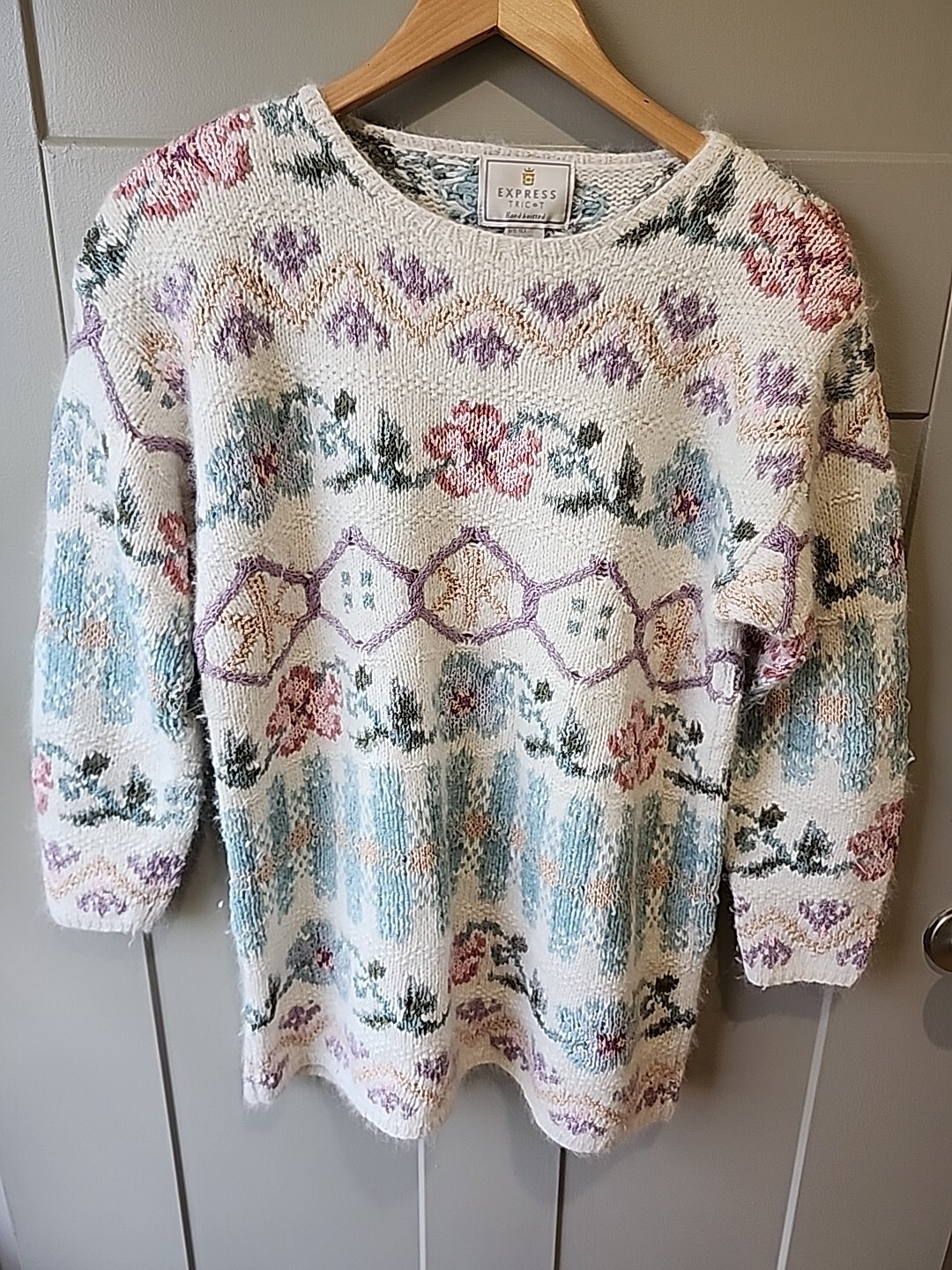 Vintage 90s Express Tricot silk Angora floral Pastel sweater tunic Handknit S