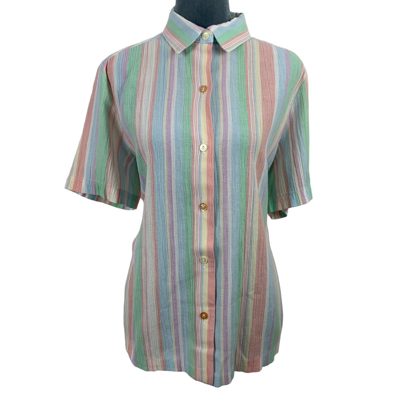 Vintage 80s Womens 14 Petite Cotton Blend Boxy Fit Pastel Striped Shirt
