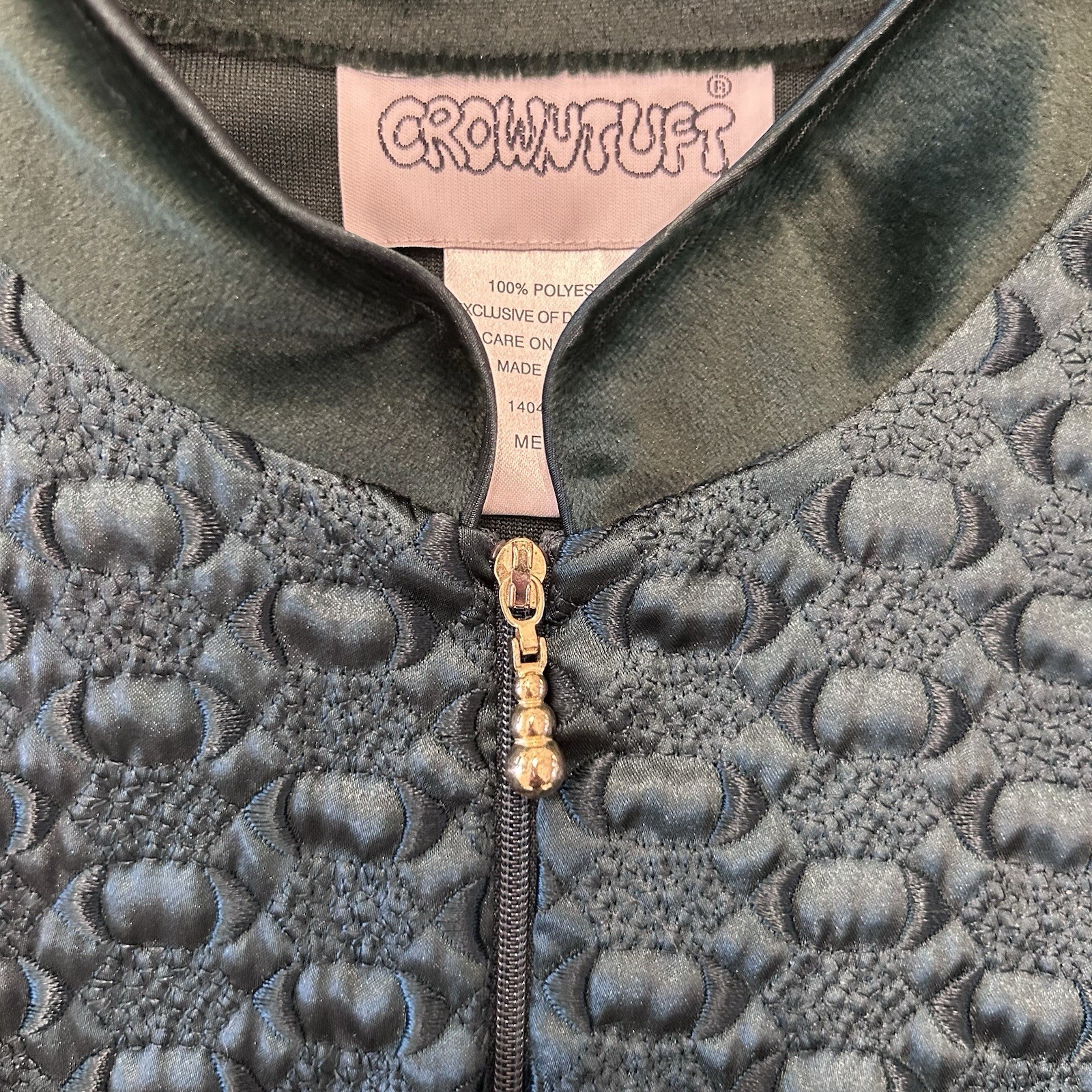 Vintage Crowntuft Zip Front Green Velour Housecoat Robe Pockets Women’s Medium