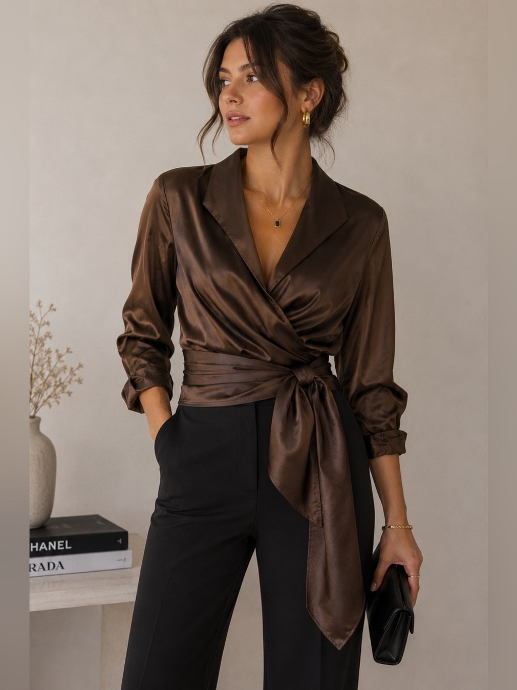 Tadashi Shoji Satin Brown Wrap Blouse Size 14 Vintage 90s Y2K Holiday Cocktail