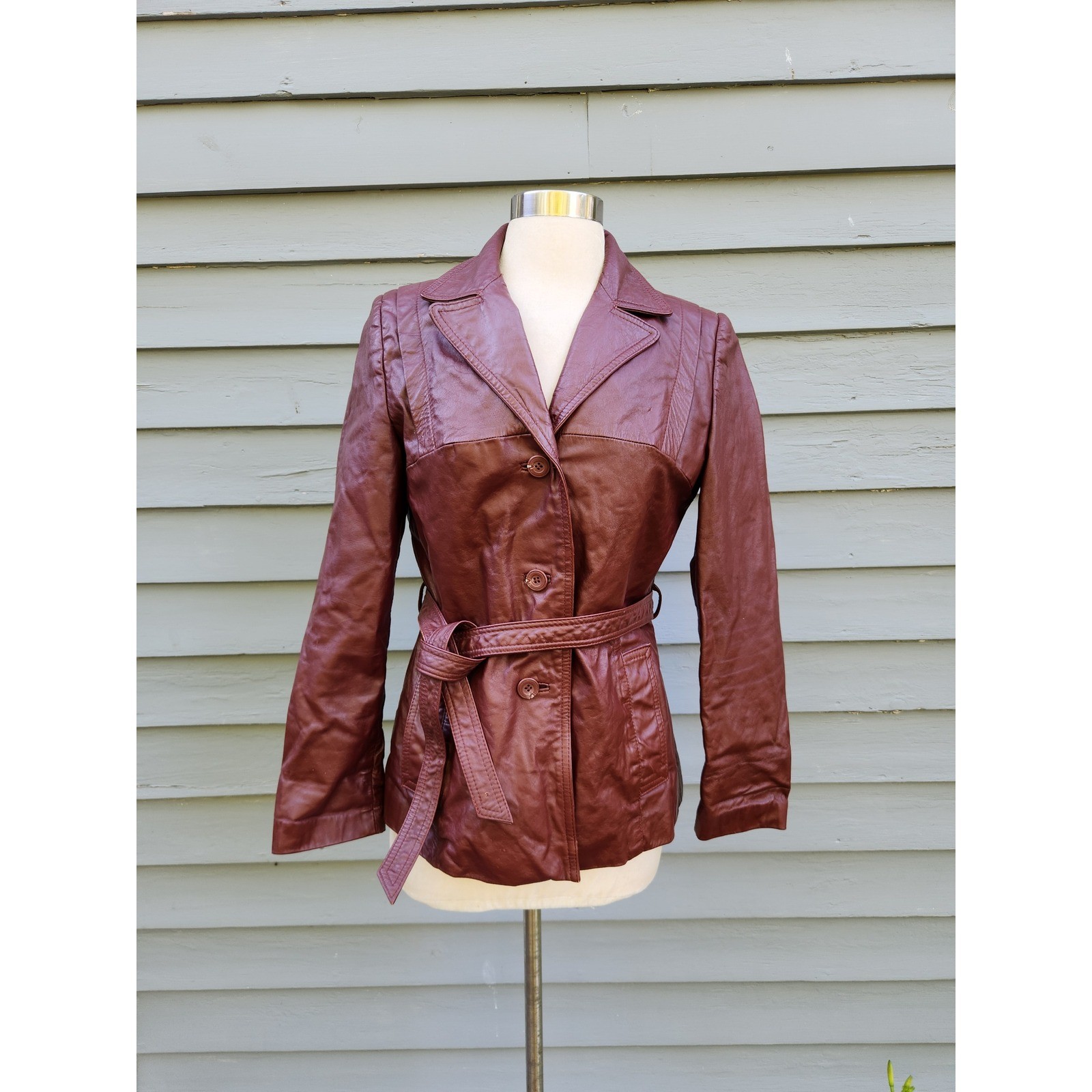 Vintage 70s Berman’s Leather Jacket Burgundy Belted Trench Coat Women’s Size 8