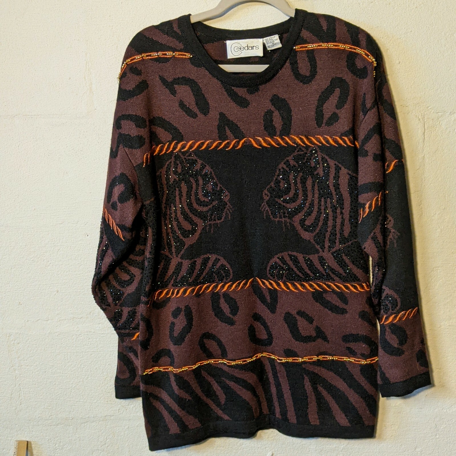 Cedars Vintage Tiger Sweater Pullover Jumper Tunic Length Bead Ed Acrylic…
