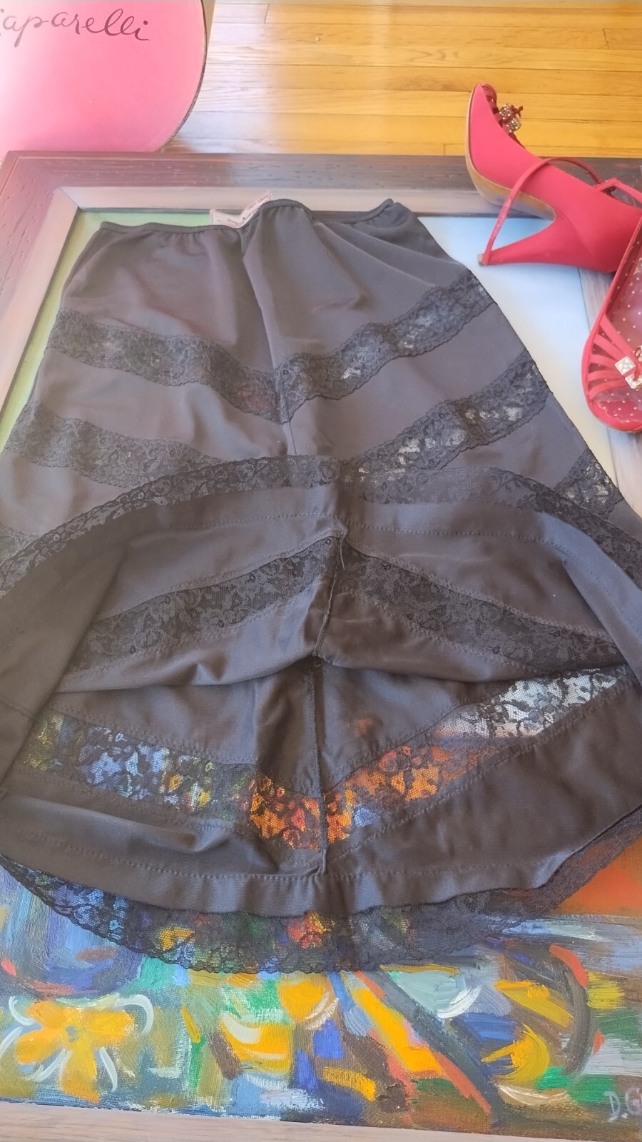 Vintage 50’s Schiaparelli Paris New York black nylon & lace Half Slip – Sm