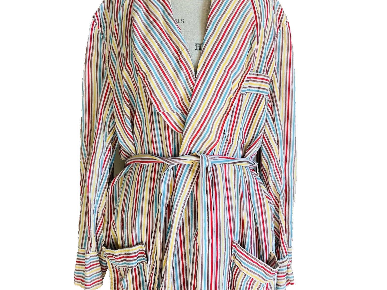 Vintage Colorful Striped Seersucker Robe Lightweight One Size MCM Retro Lounge