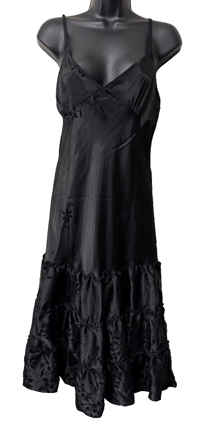 Vintage Y2K 90s Glam Satin Babydoll Slip Midi Dress Whimsigoth Floral Black L