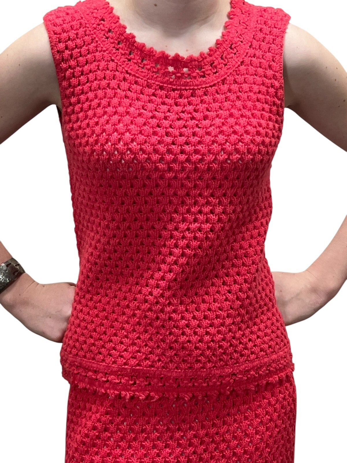 XS~ S Vtg 60s Coral 2 Pc Dress Set Open Knit Sears Acrylic Sweater Skirt Outfit
