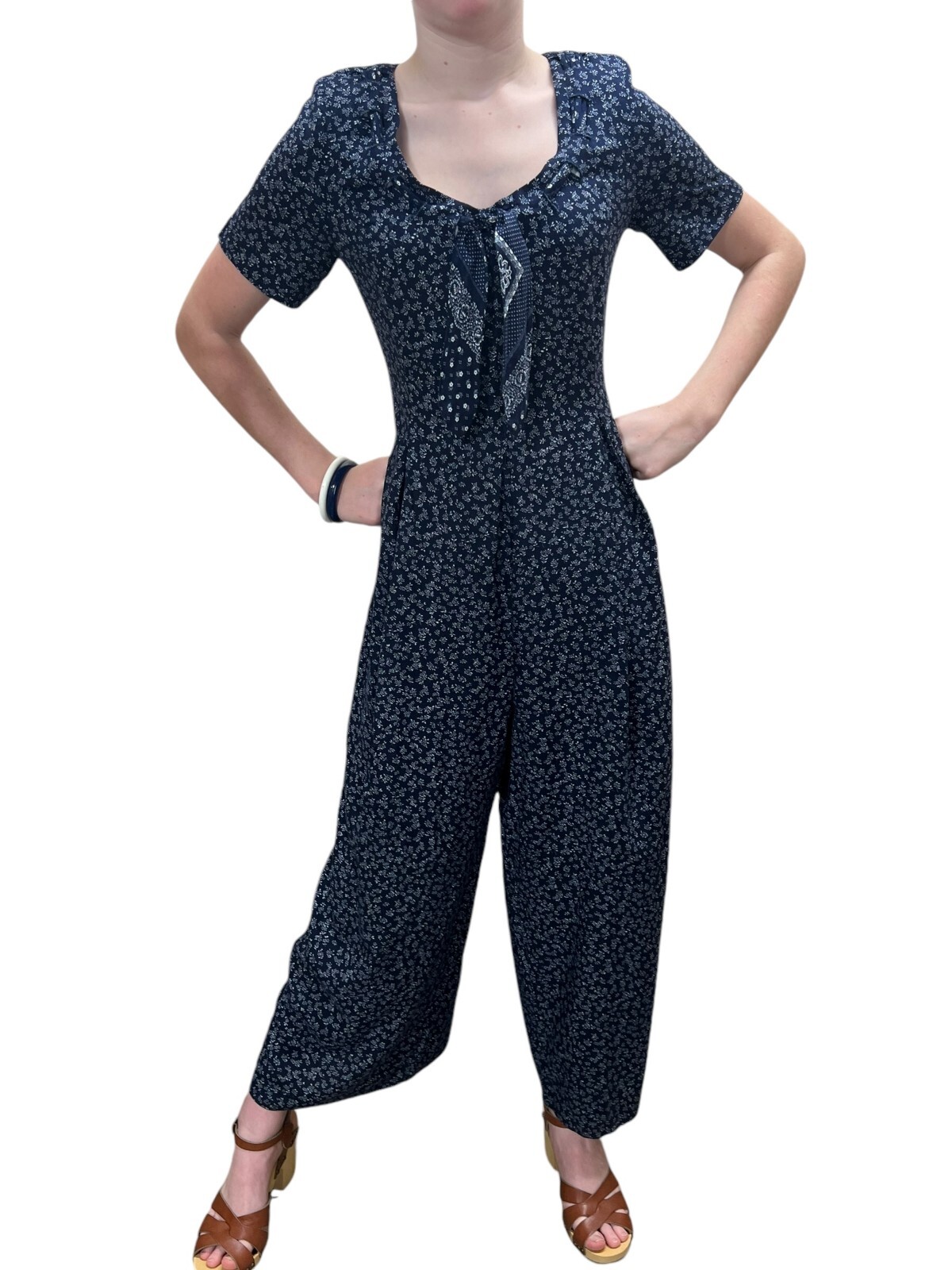 BANDANA NECK TIE Vtg 80s M Jumpsuit Blue Rayon Palazzo Pants Jumper EXPO USA