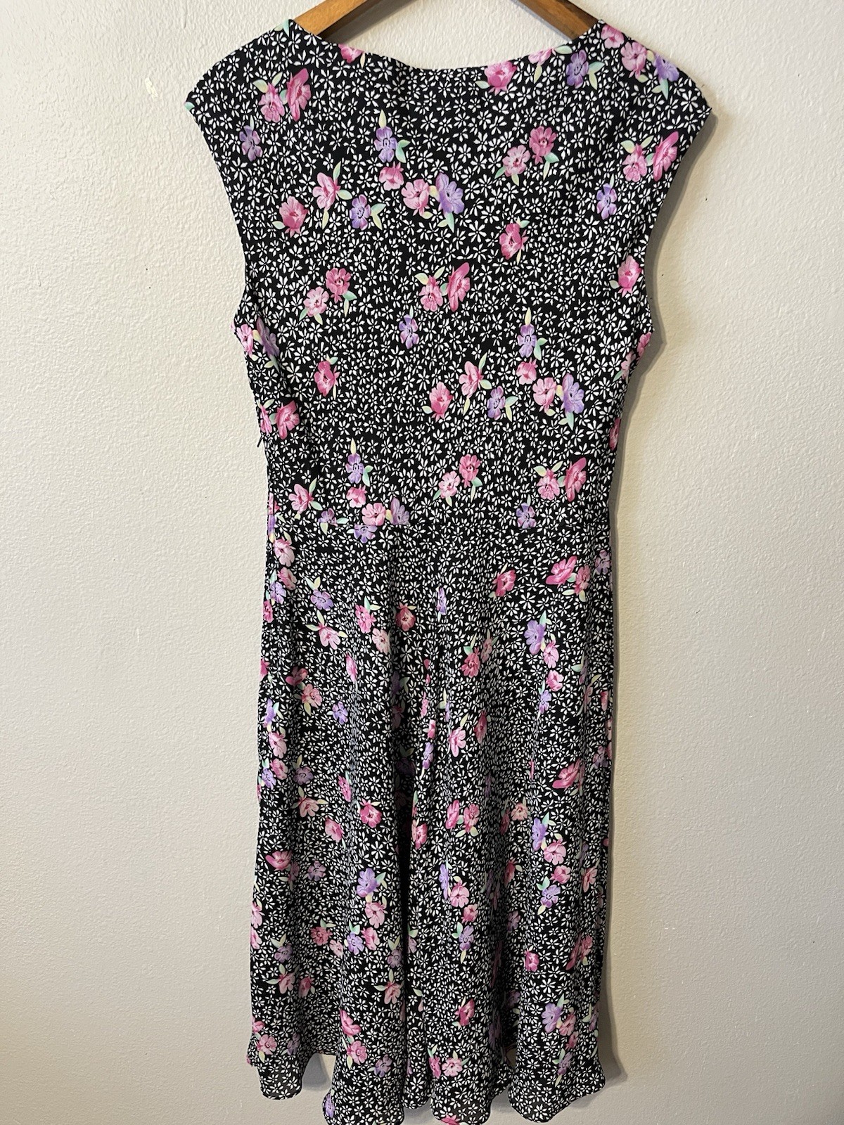 Vintage 90’s Midi Dress Black w/ Pink Floral Cottagecore Garden Party Size10