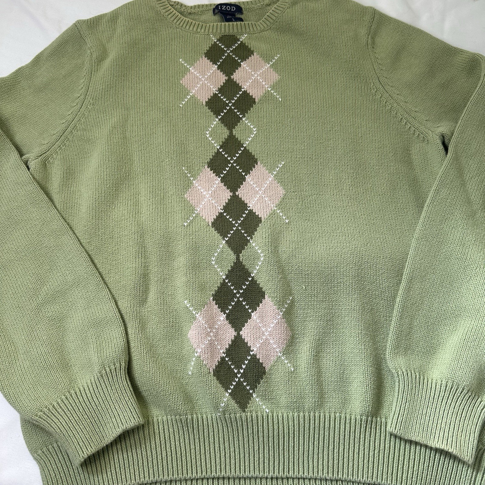Vintage 90s Izod Light Green Argyle Cotton Sweater Sz L Preppy Tennis Pastel