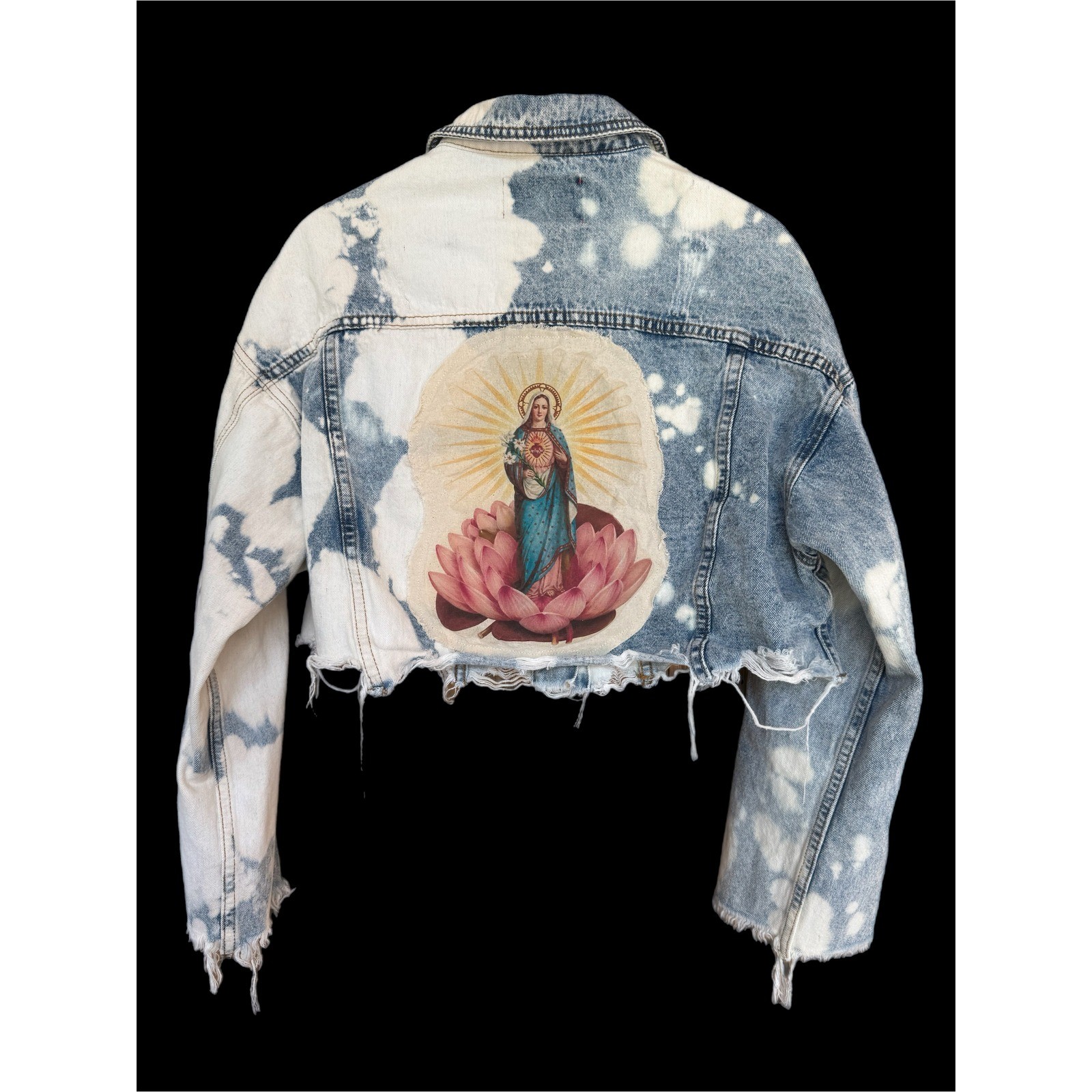 OOAK Distressed Bleached Denim Sacred Heart Lotus Cropped Jacket M