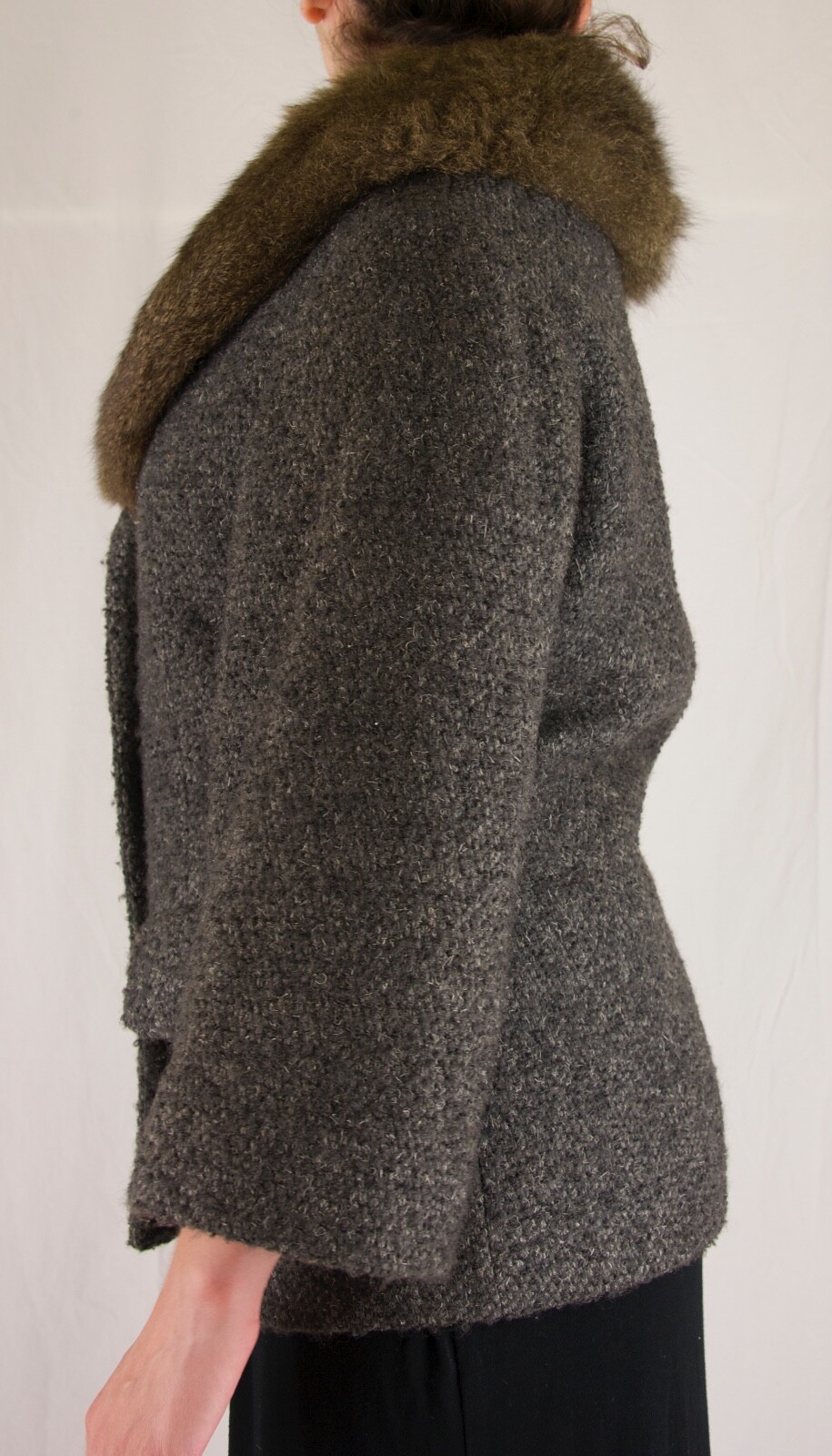 Vintage Mr. Carl Black, Brown & Grey Gray Wool  Jacket with Wide Fur Collar