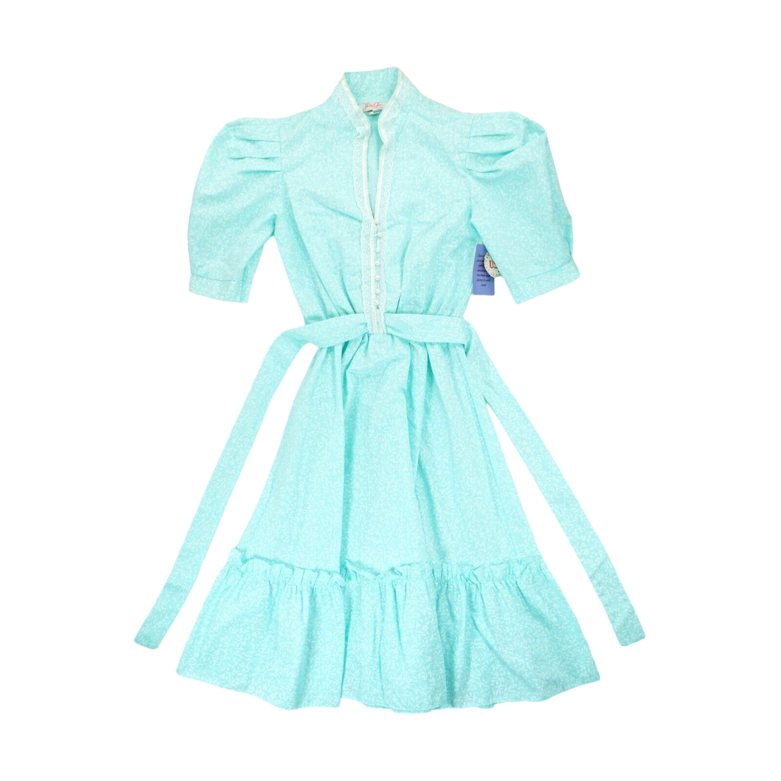 NWT Vintage 1970’s Jerri Jee New York Metallic Aqua Midi Dress Floral Ruffle