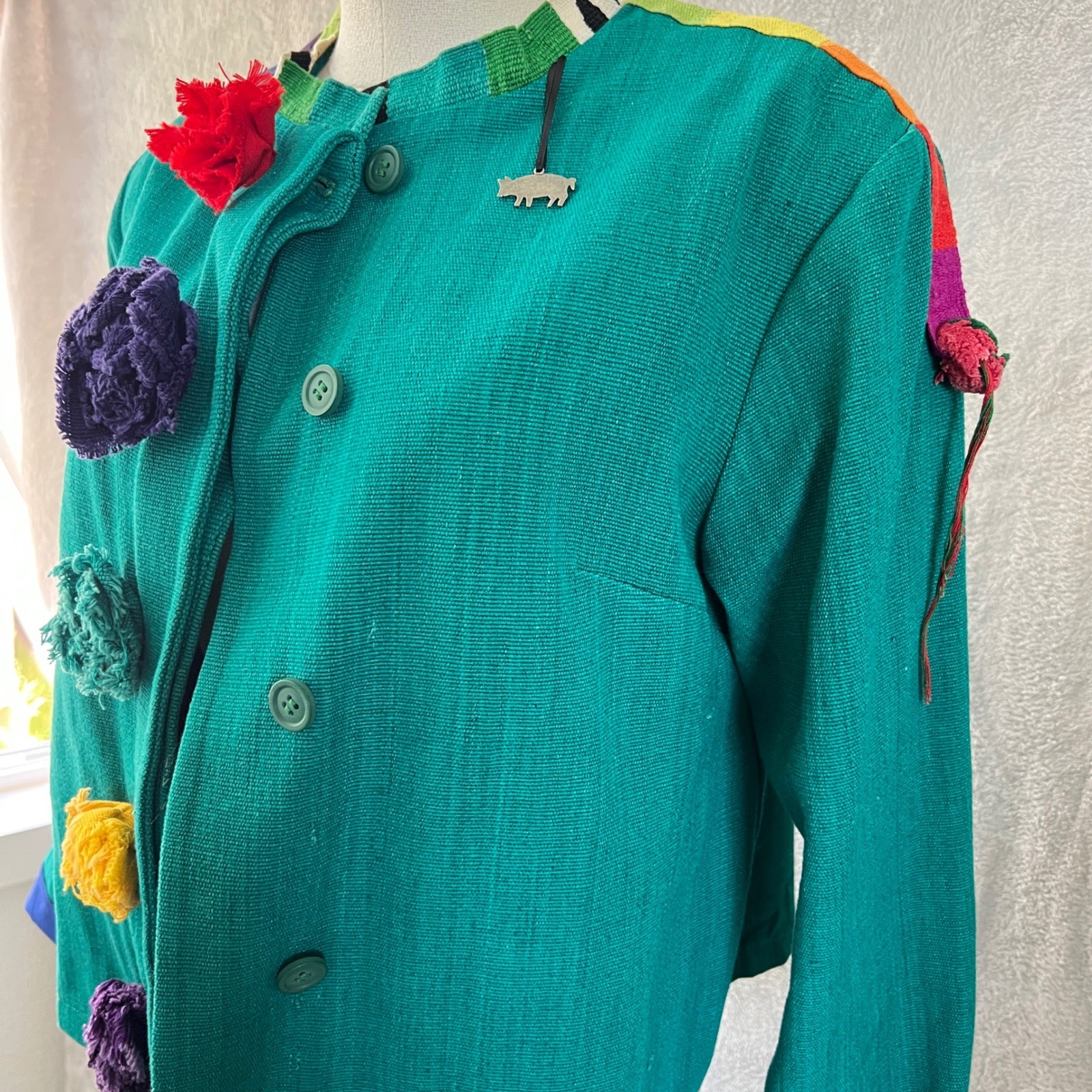 Vintage Women’s Art To Wear Pom Pom Jacket Green size Medium colorful funky