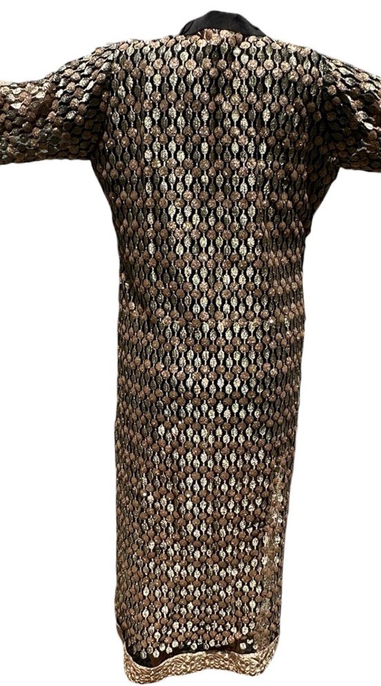 Metallic Embroidered Formal Kaftan Dress & Scarf Black Gold 50” Long