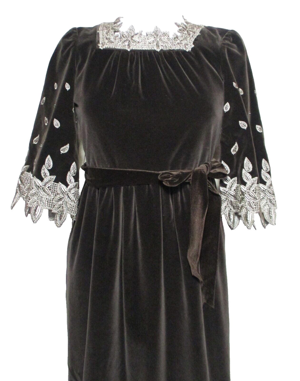 Vintage VIVI Tokyo Dress Women Brown Velvet Gold Embroidered Trim XS Women
