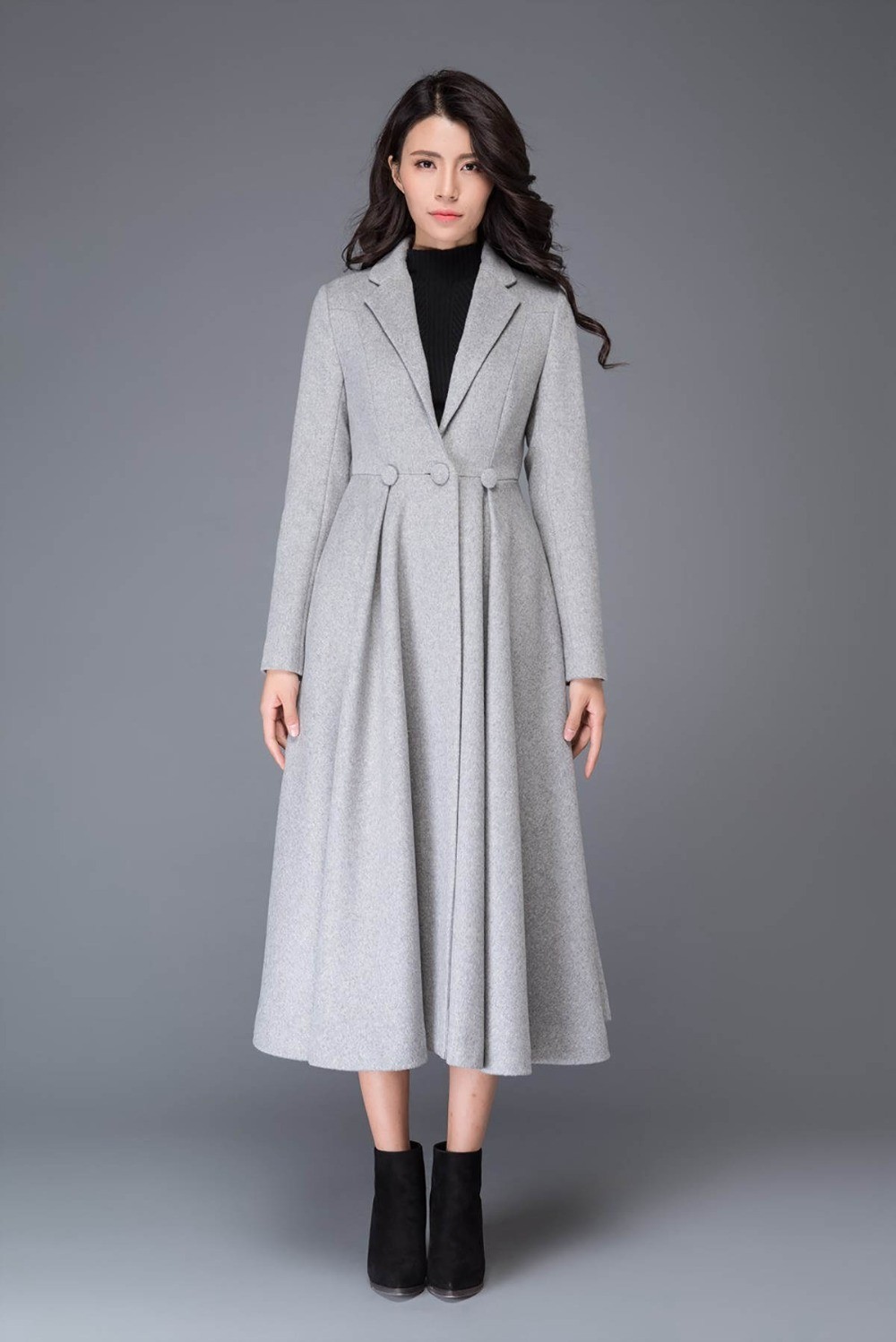 Ladies Grey Coat Jacket Reverse Collar Wide Hem Tweed Long Winter Business
