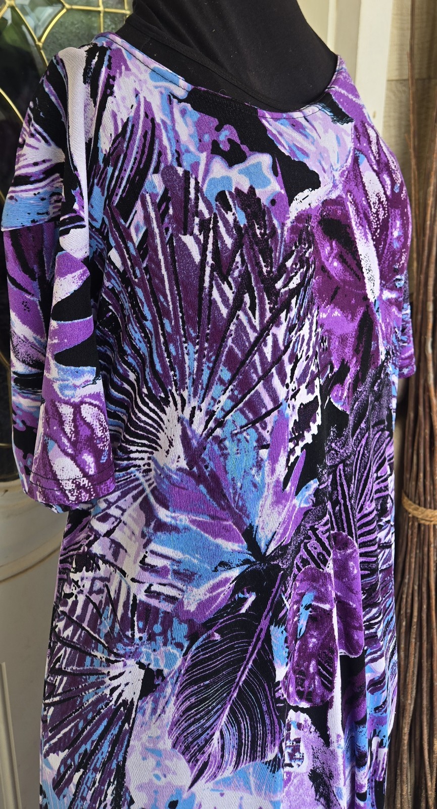 1980s JOSTAR Purple Black Blue Poly Spandex Abstract Floral Maxi Travel Dress L