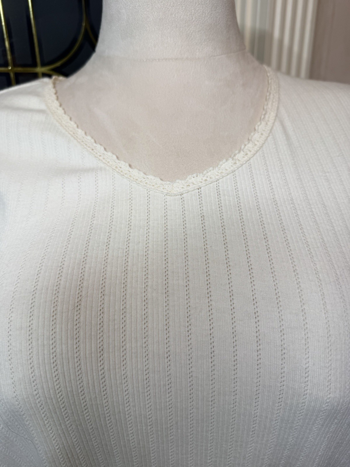 Vintage Classic Elements Woman Ivory Rib Knit Top Crochet Trim Plus Size 20W 22W