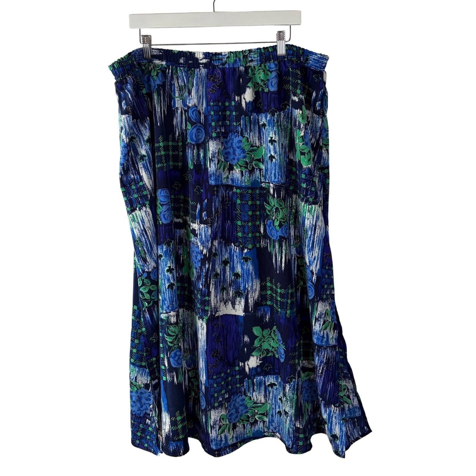 Kensington Square Vintage Blue Green Floral Abstract Midi Skirt Elastic Waist